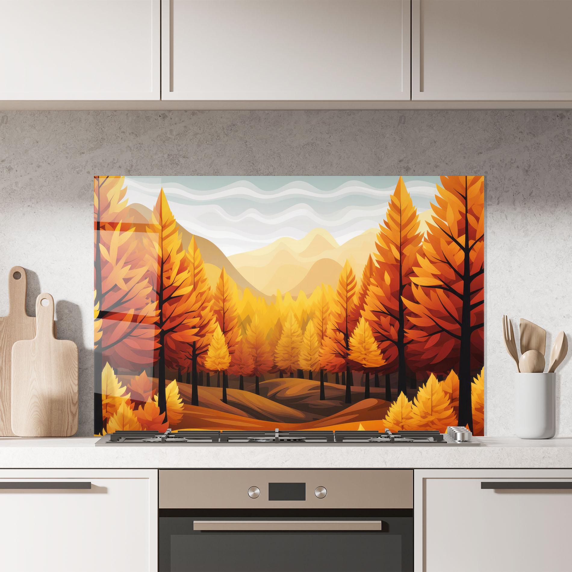 Küchenrückwand Glas Autumn Trees Orange mockup 7