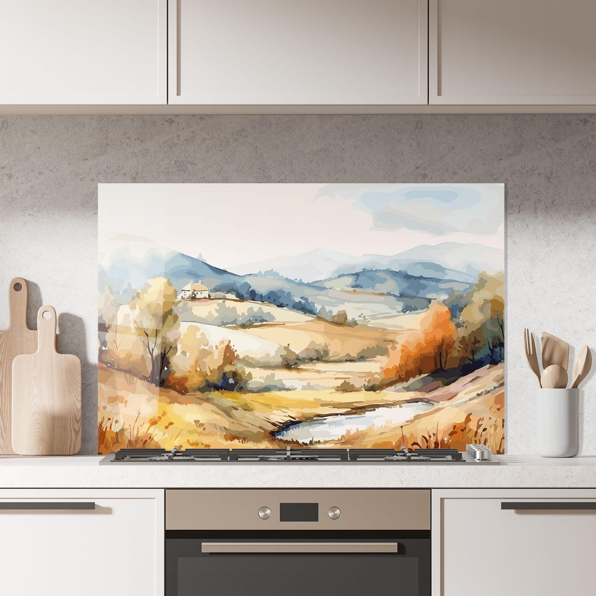 Küchenrückwand Glas Blue Orange Autumn mockup 7