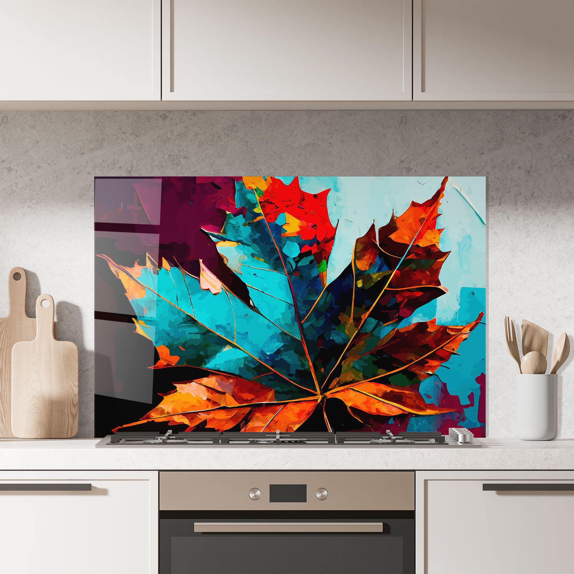Küchenrückwand Glas Blue Orange Leaf mockup 7