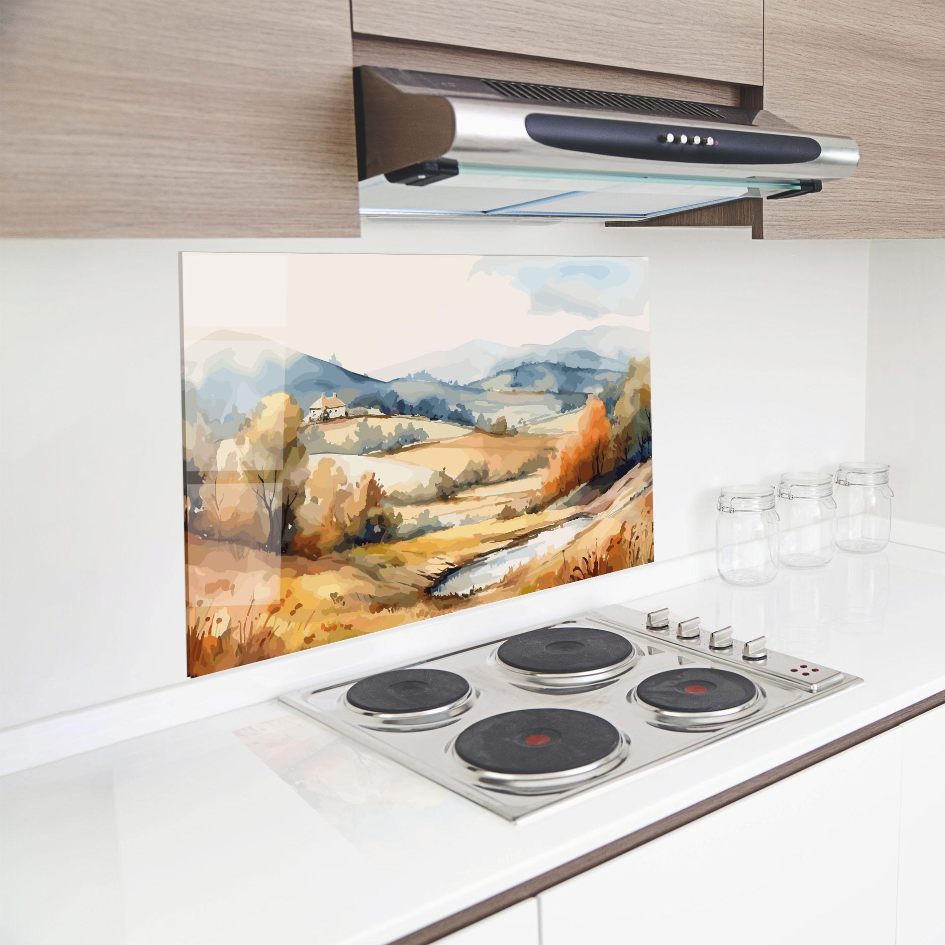 Küchenrückwand Glas Blue Orange Autumn mockup 8