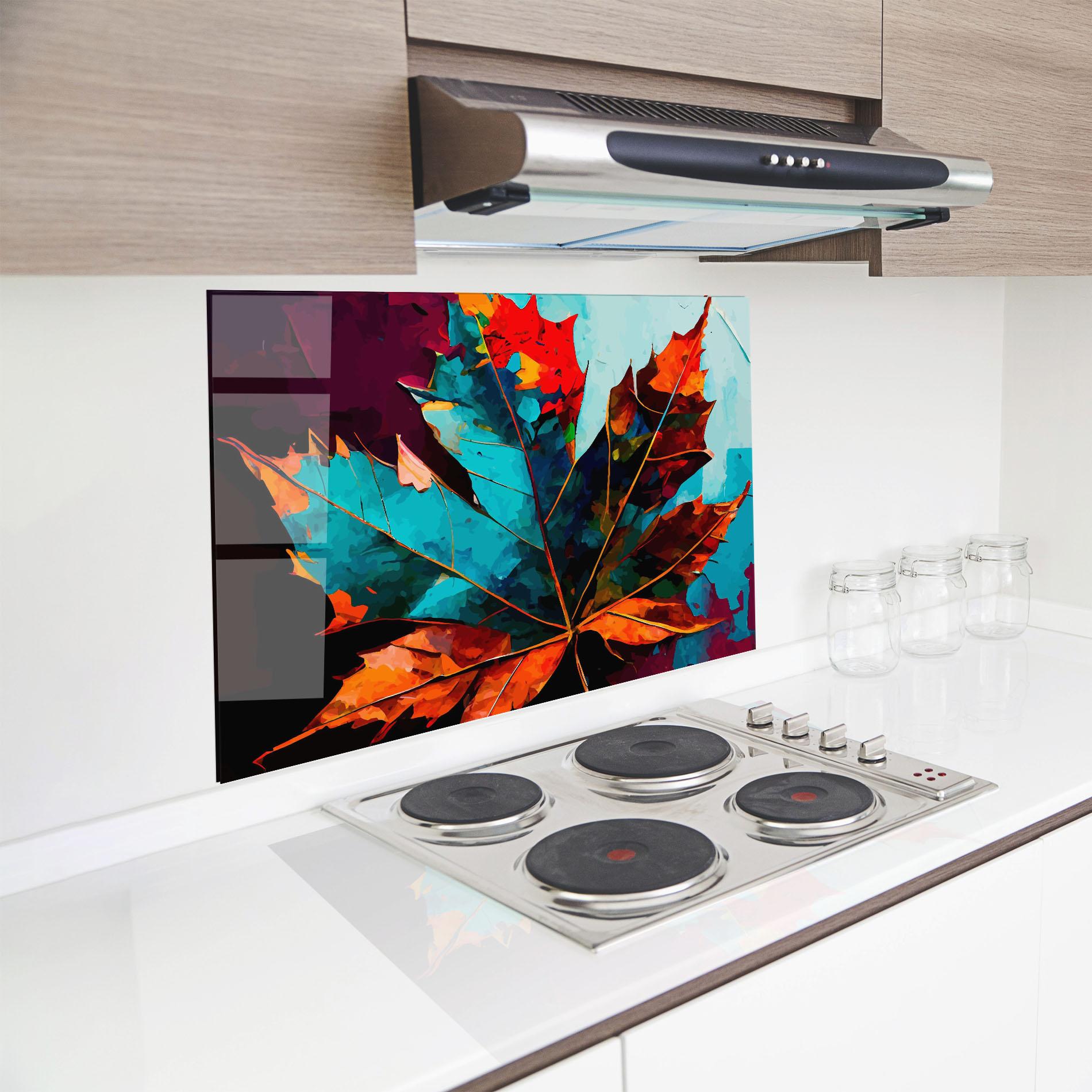 Küchenrückwand Glas Blue Orange Leaf mockup 8