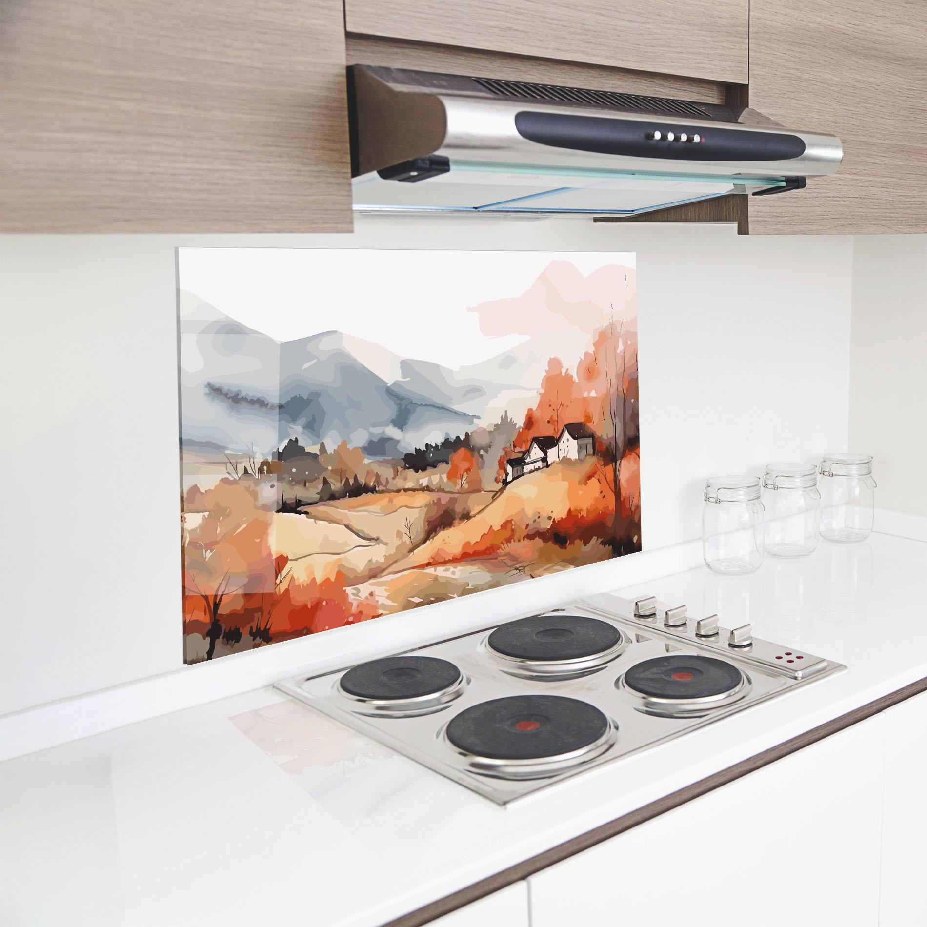 Küchenrückwand Glas Orange Grey Autumn mockup 8