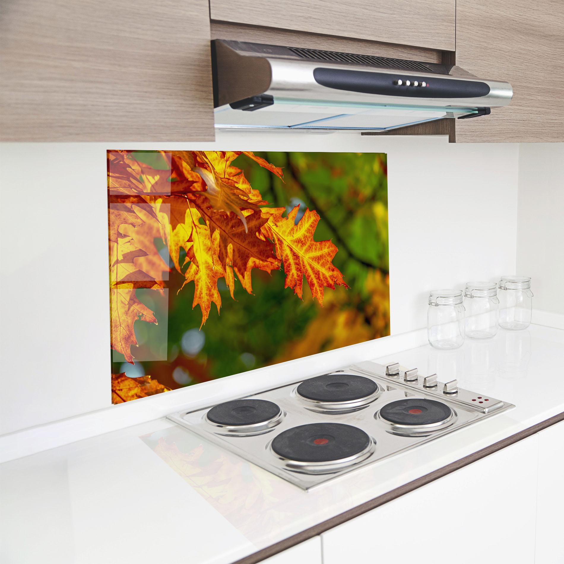 Küchenrückwand Glas Orange Yellow Leaves mockup 8
