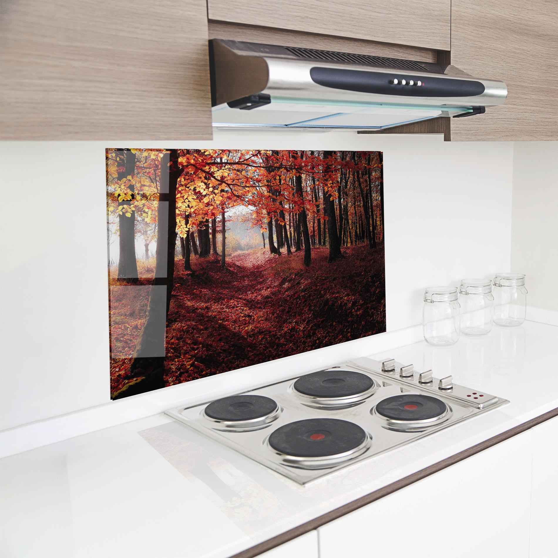 Küchenrückwand Glas Red Leaves Forest mockup 8