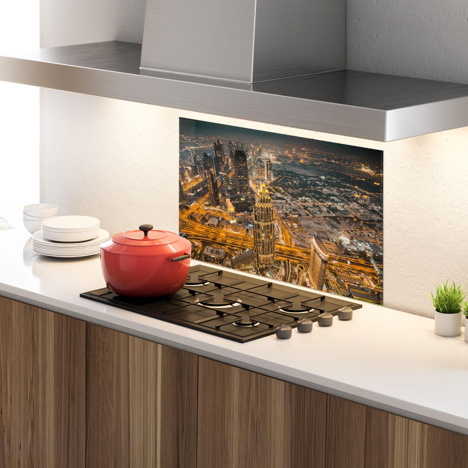 Küchenrückwand Glas Dubai Lights mockup 4