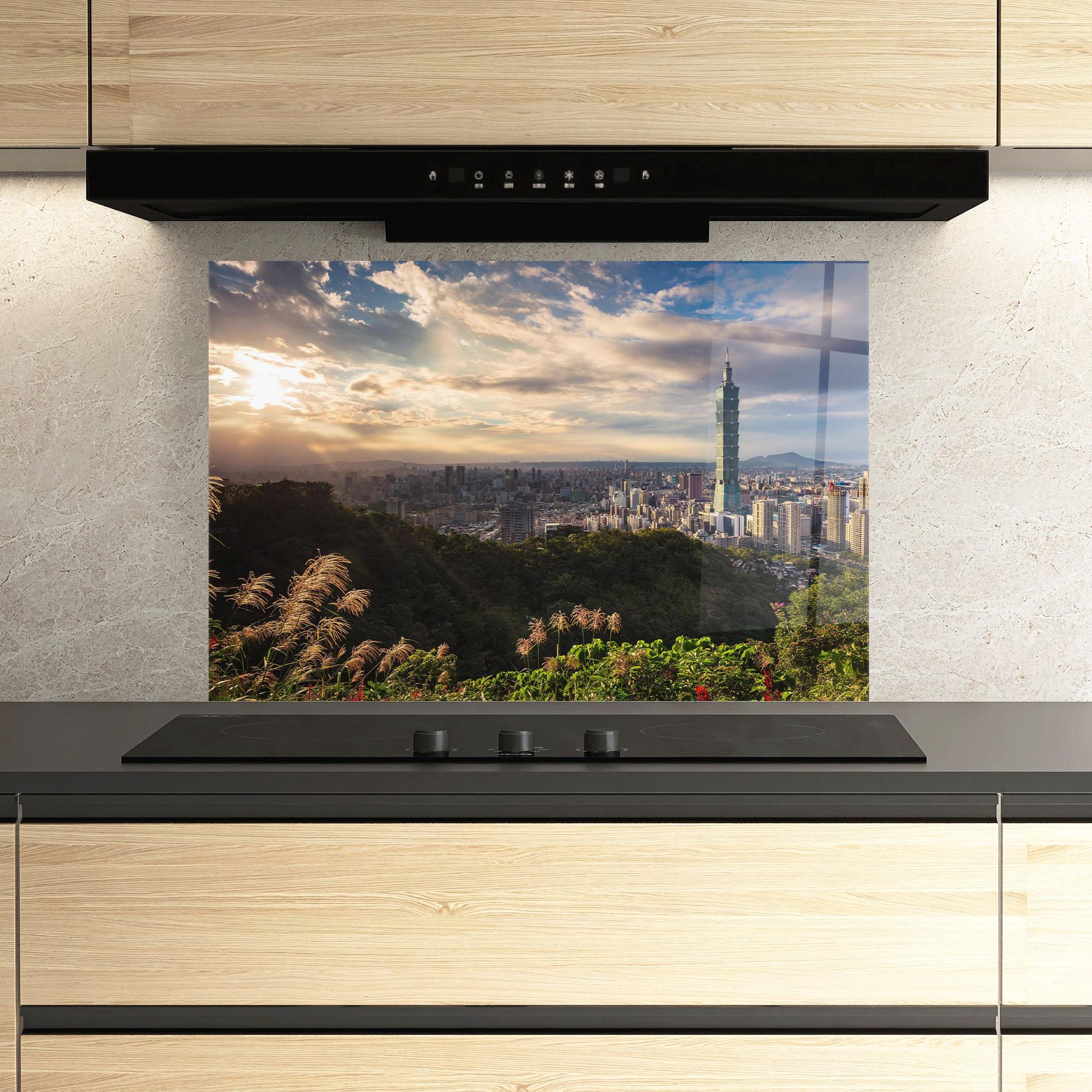 Küchenrückwand Glas Big Building Daylight mockup 3