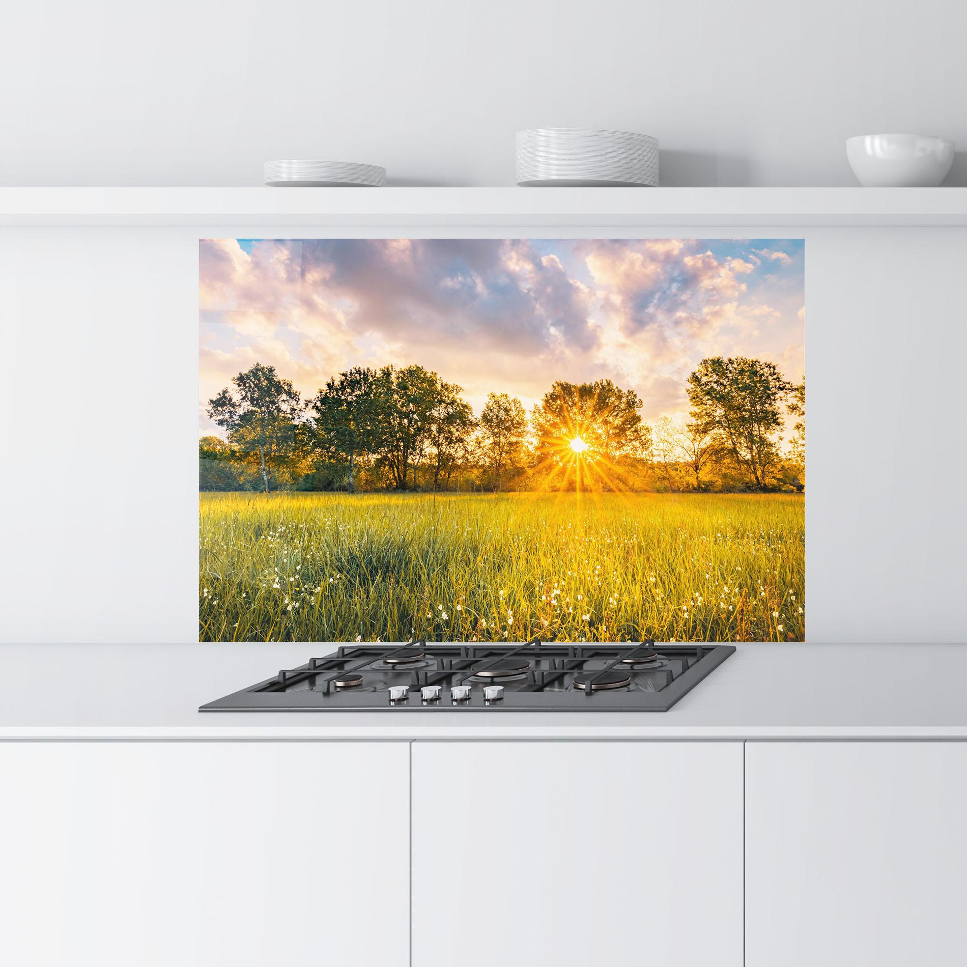 Küchenrückwand Glas Blossoming Meadow mockup 9