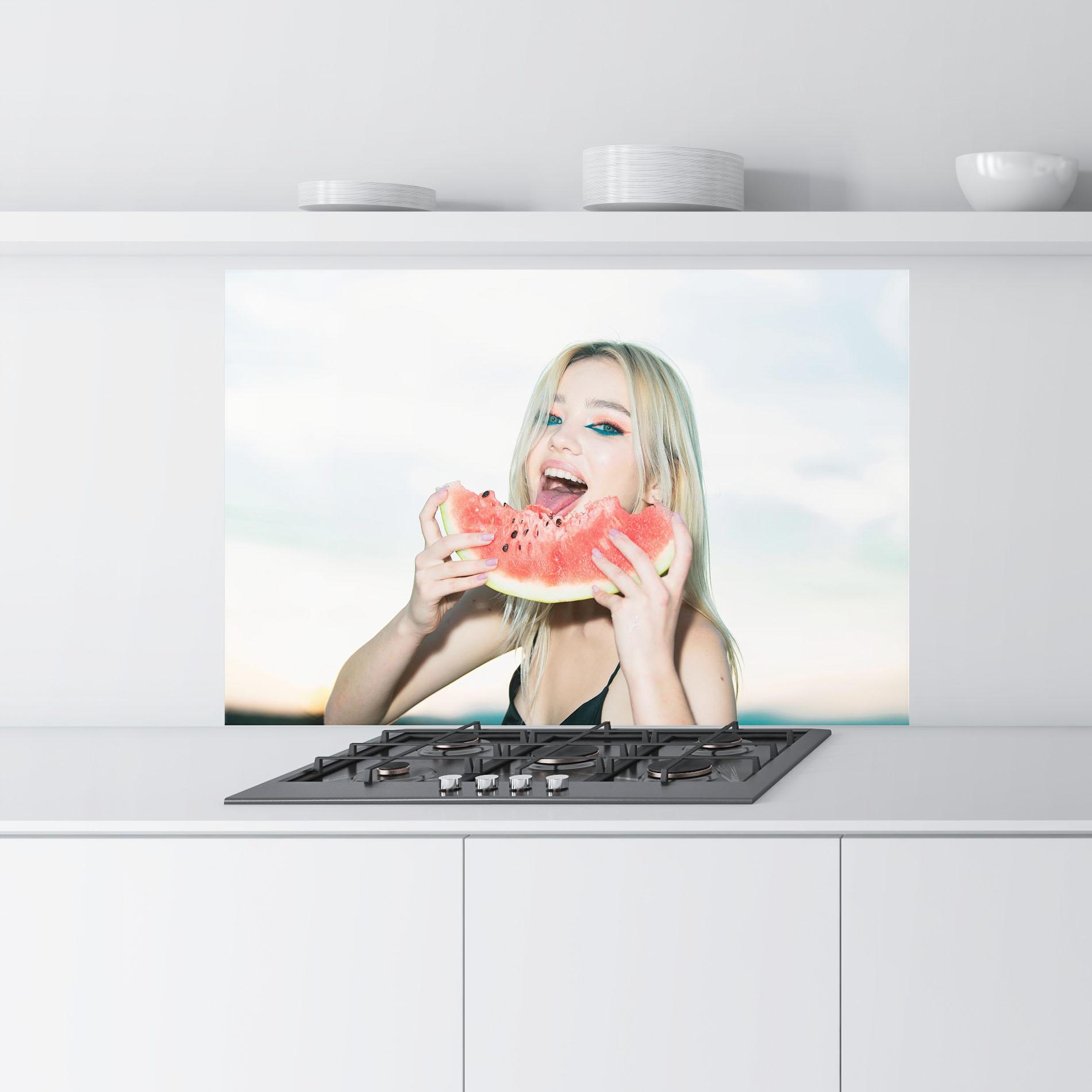 Küchenrückwand Glas Eating Watermelon mockup 9
