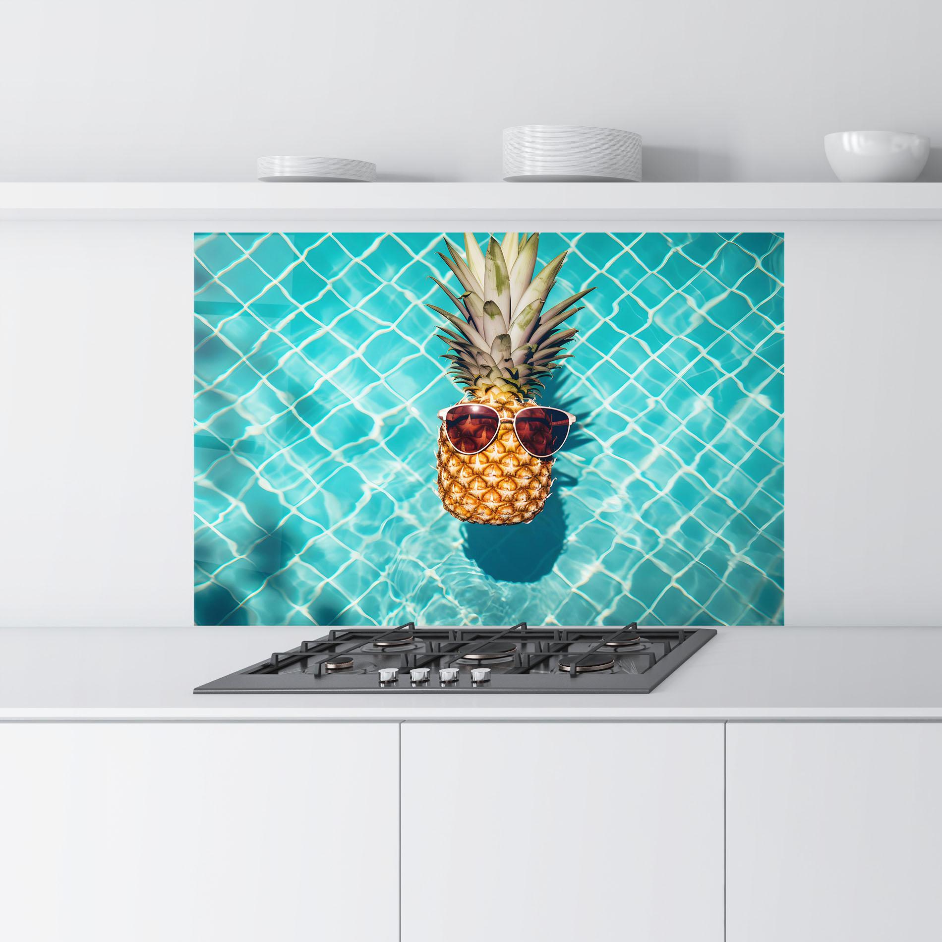Küchenrückwand Glas Pineapple In Pool mockup 9