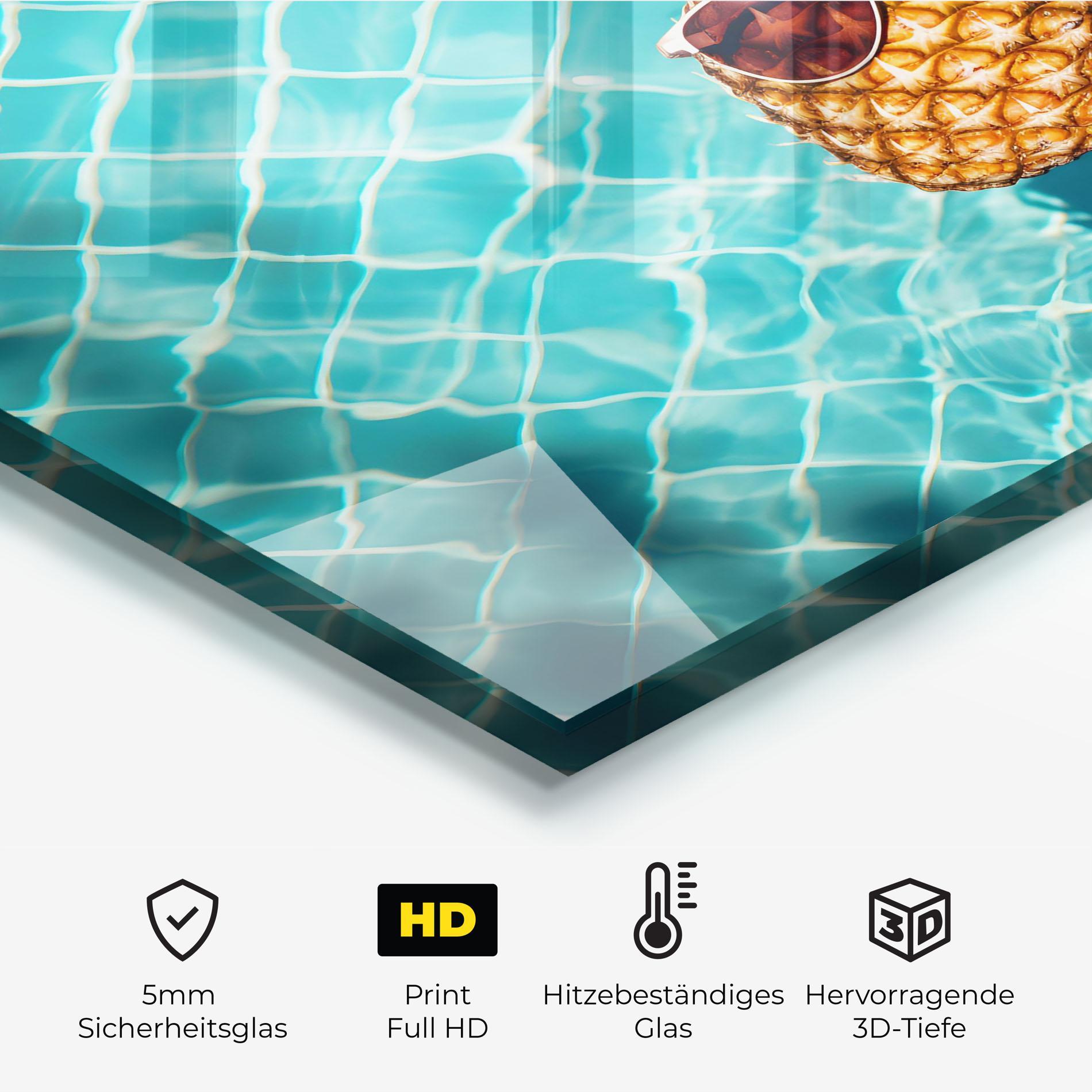 Küchenrückwand Glas Pineapple In Pool mockup 2