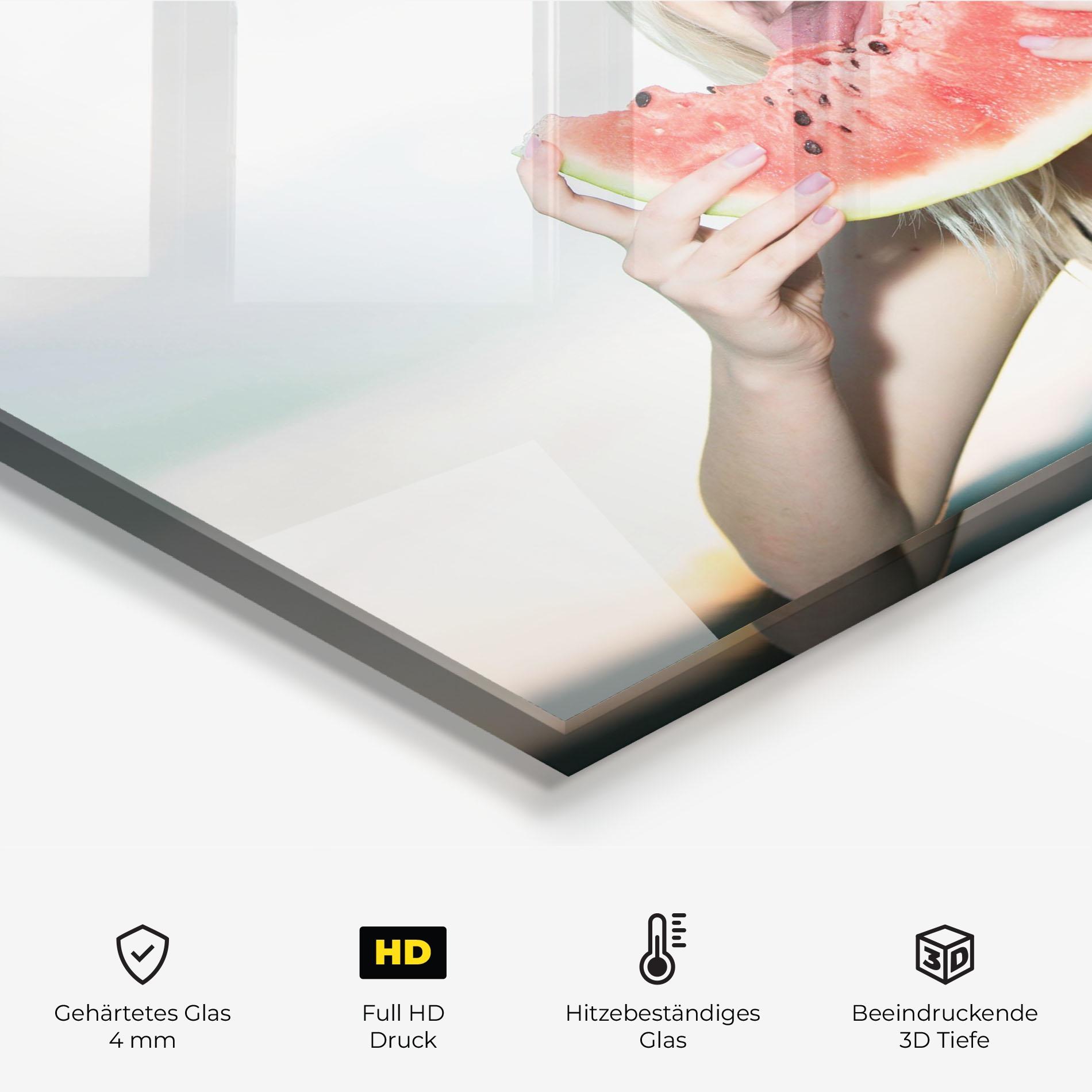 Küchenrückwand Glas Eating Watermelon mockup 2