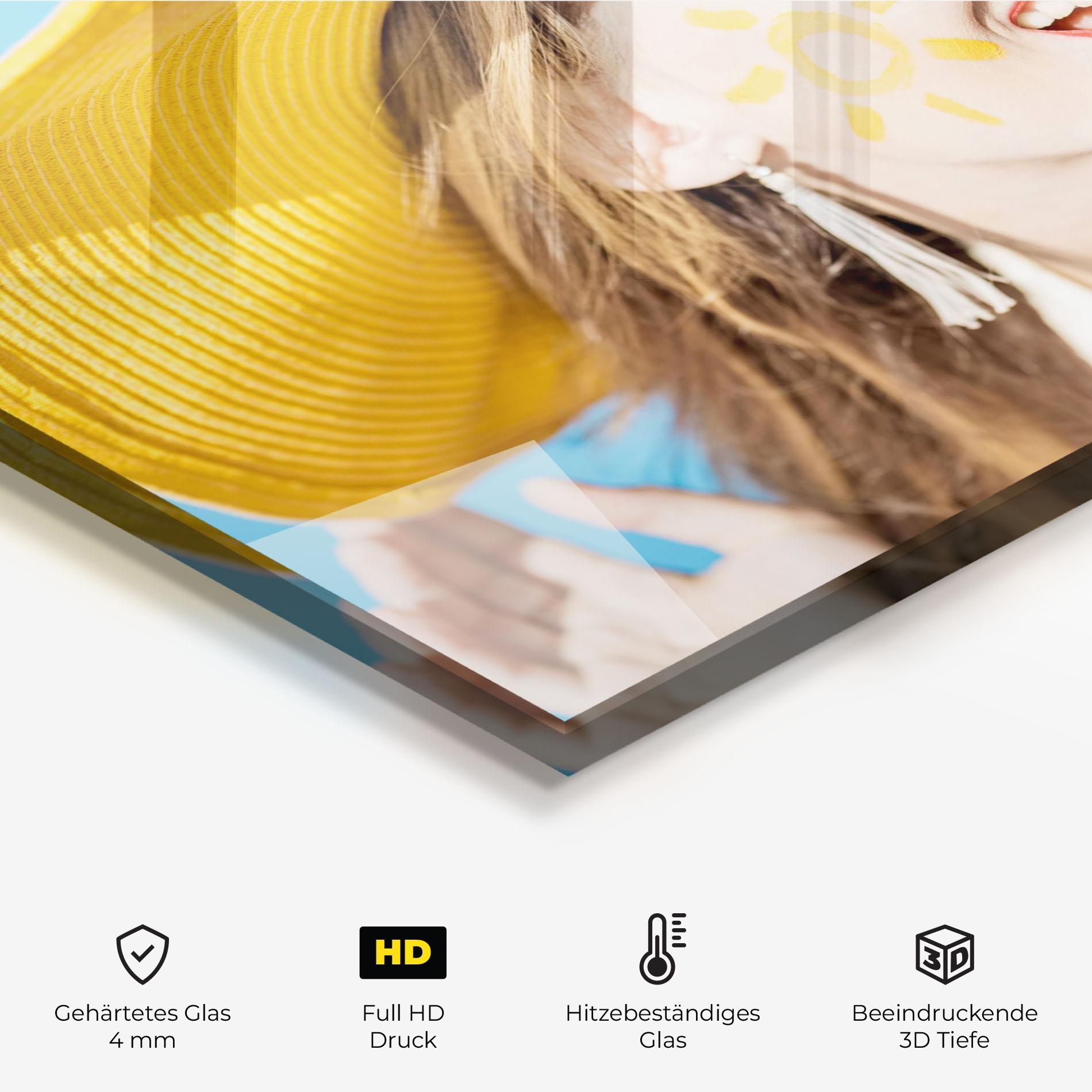 Küchenrückwand Glas Yellow Hat Woman mockup 2