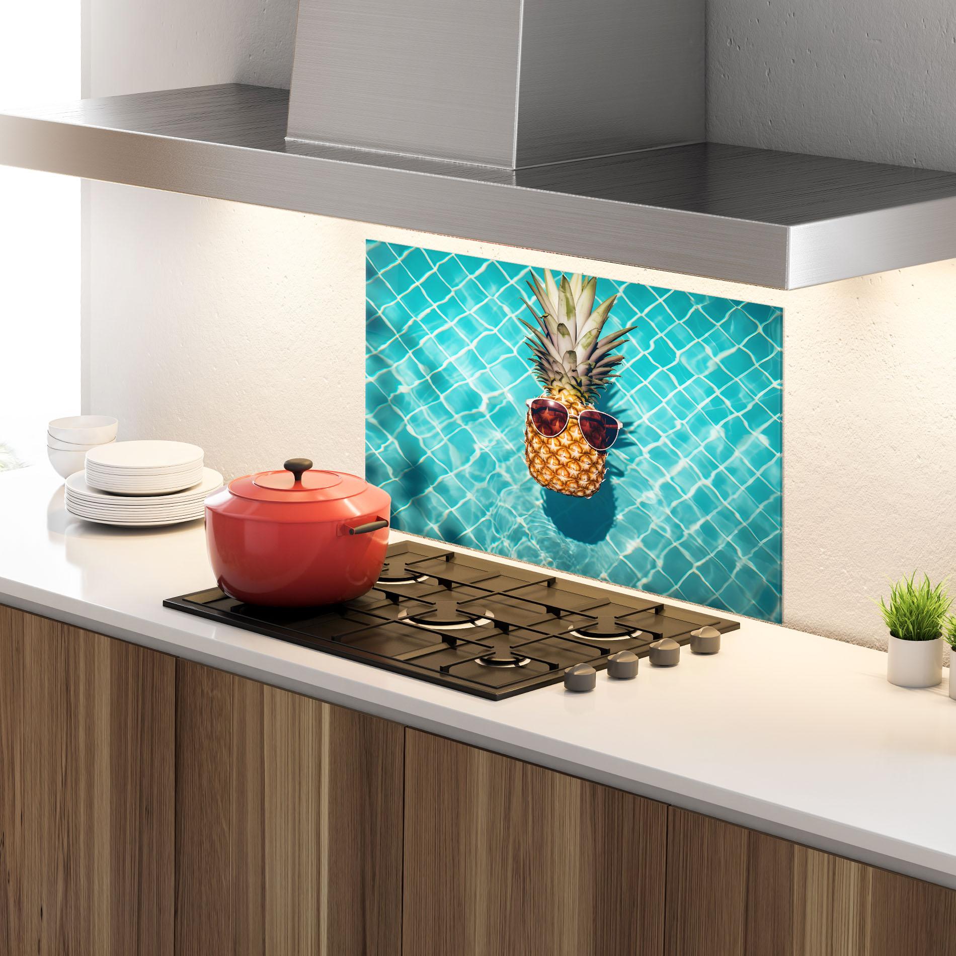 Küchenrückwand Glas Pineapple In Pool mockup 4