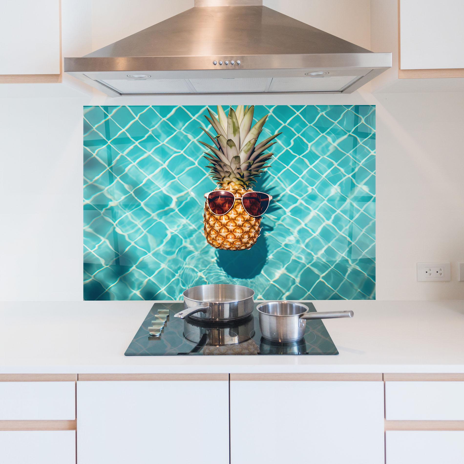 Küchenrückwand Glas Pineapple In Pool mockup 5