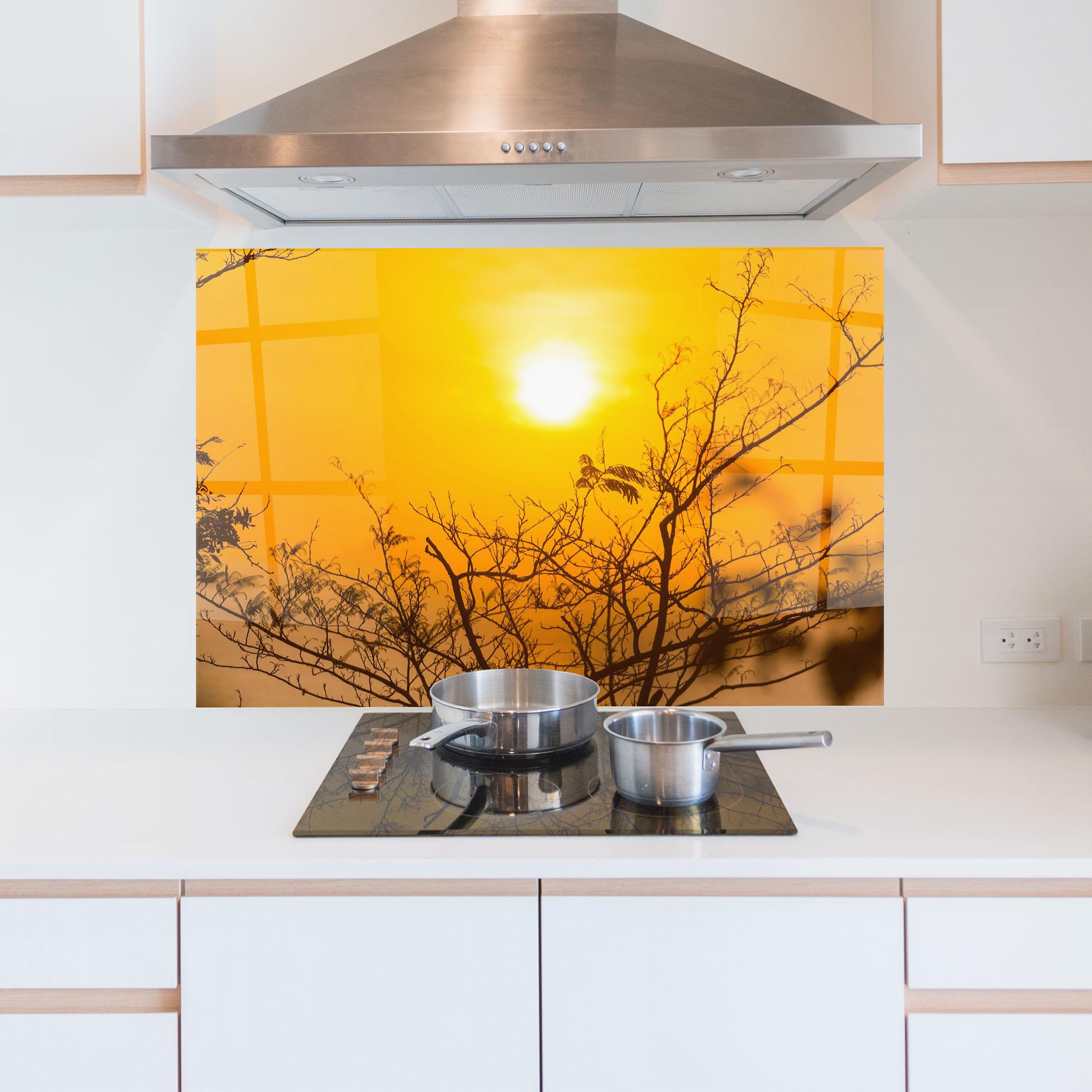 Küchenrückwand Glas Sunset Branches mockup 5