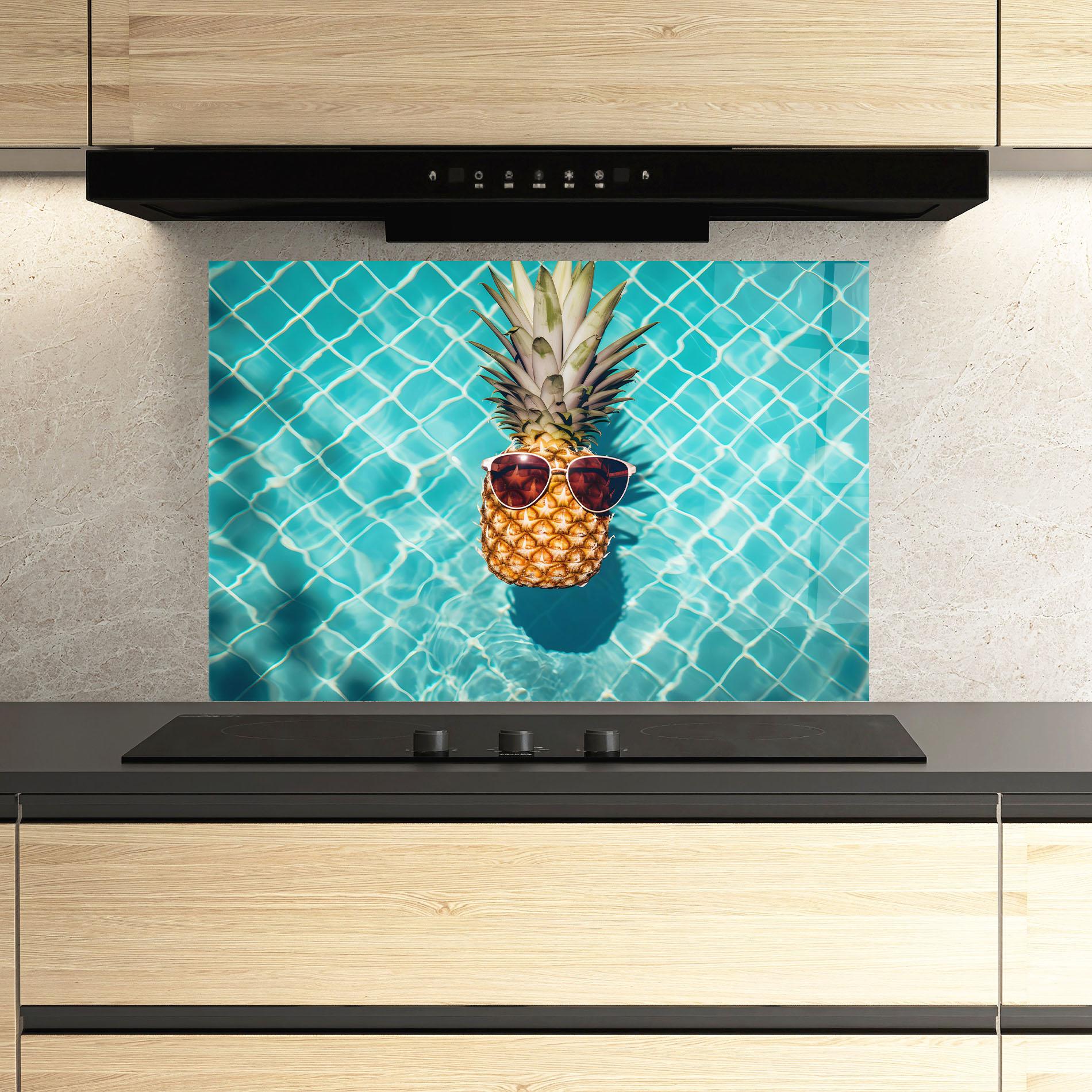 Küchenrückwand Glas Pineapple In Pool mockup 3