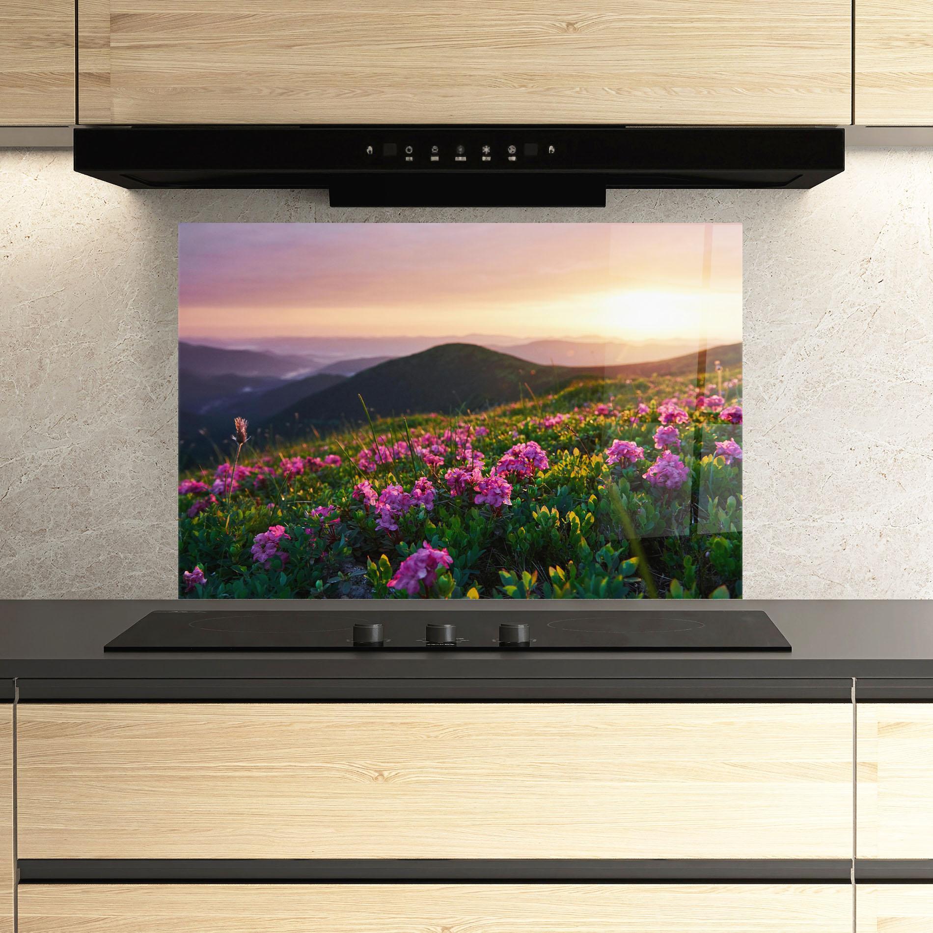 Küchenrückwand Glas Purple Summer Flowers mockup 3