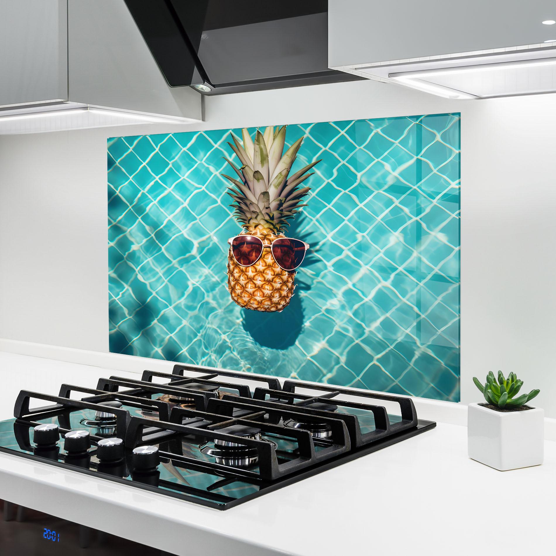 Küchenrückwand Glas Pineapple In Pool mockup 6