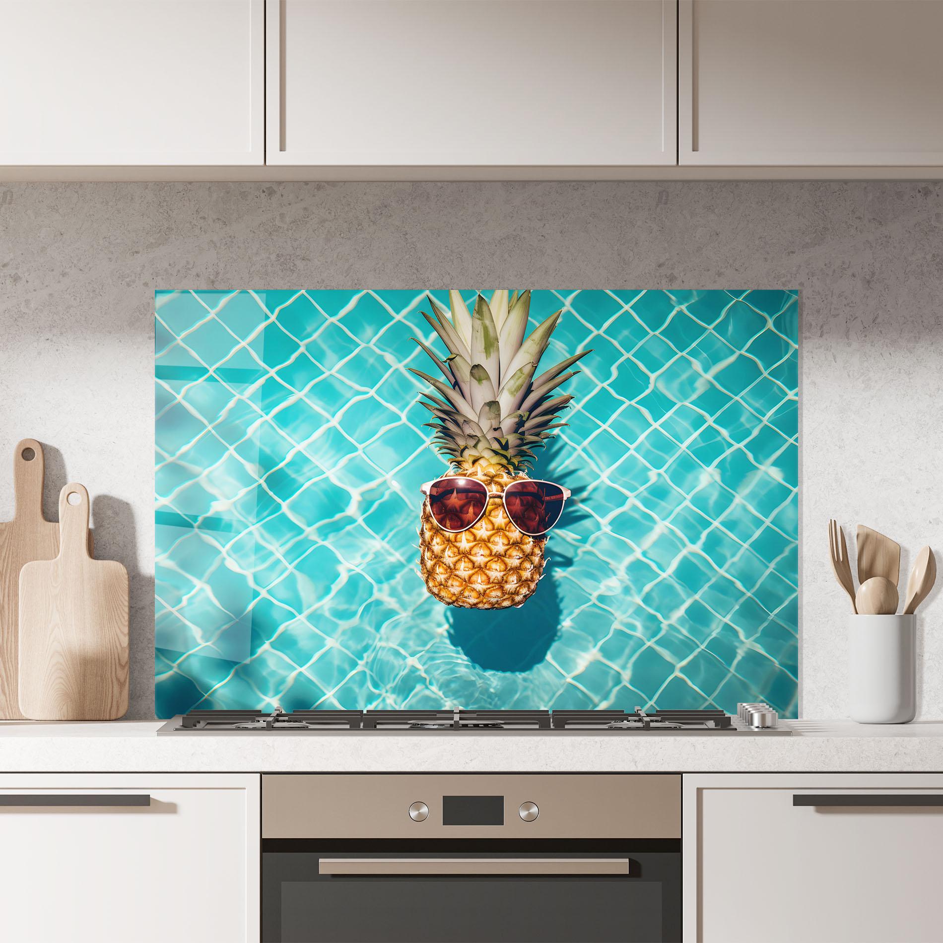 Küchenrückwand Glas Pineapple In Pool mockup 7