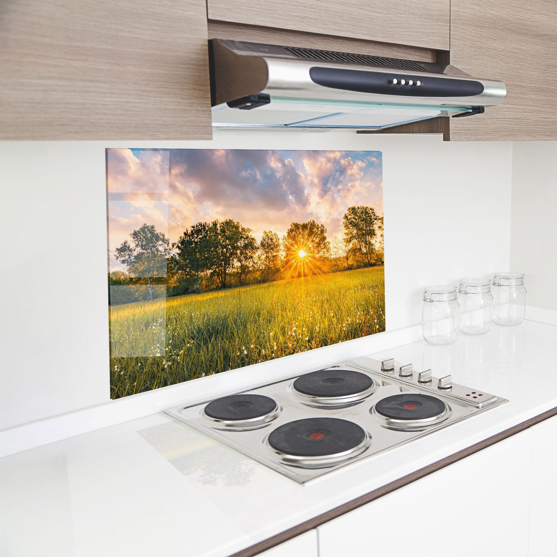 Küchenrückwand Glas Blossoming Meadow mockup 8