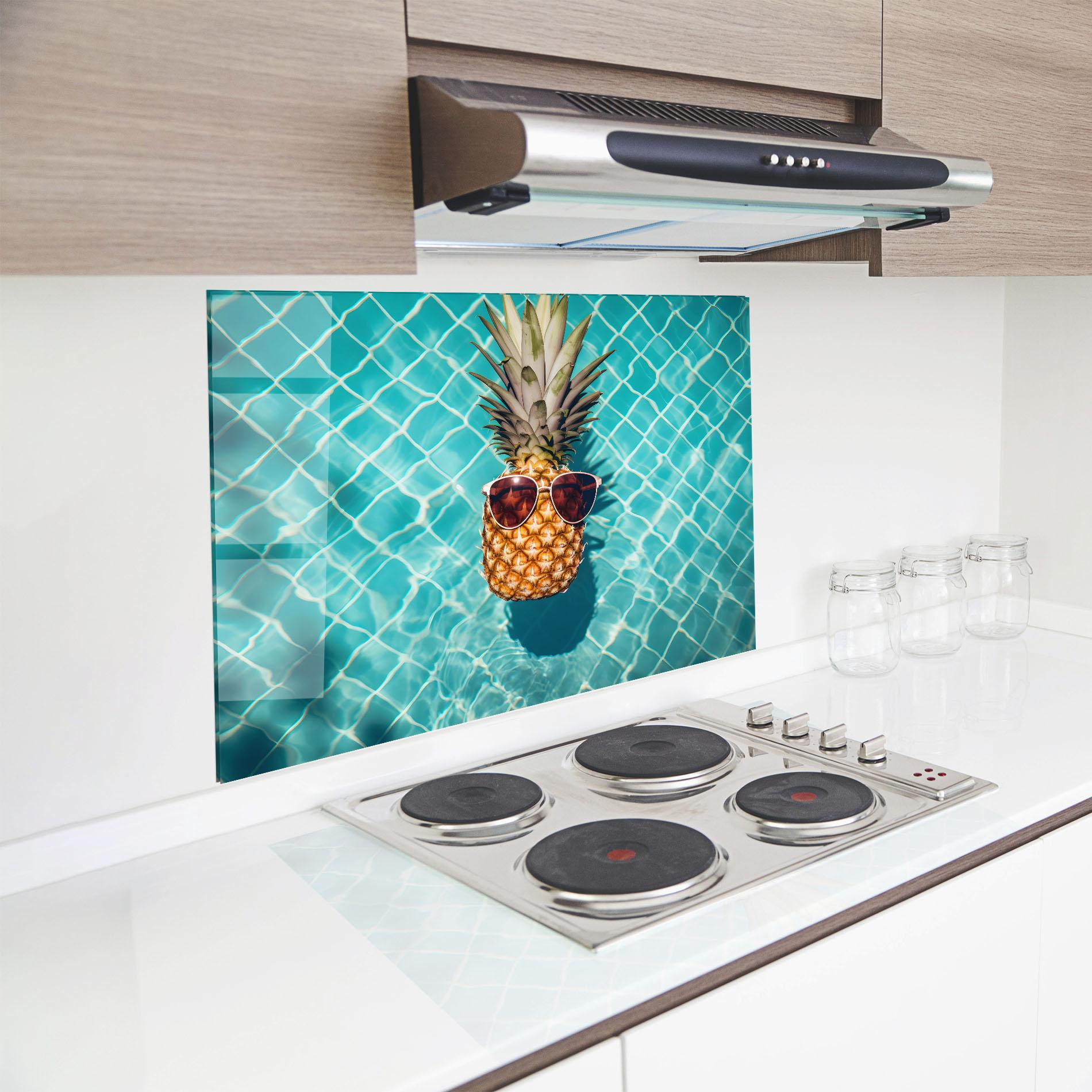 Küchenrückwand Glas Pineapple In Pool mockup 8