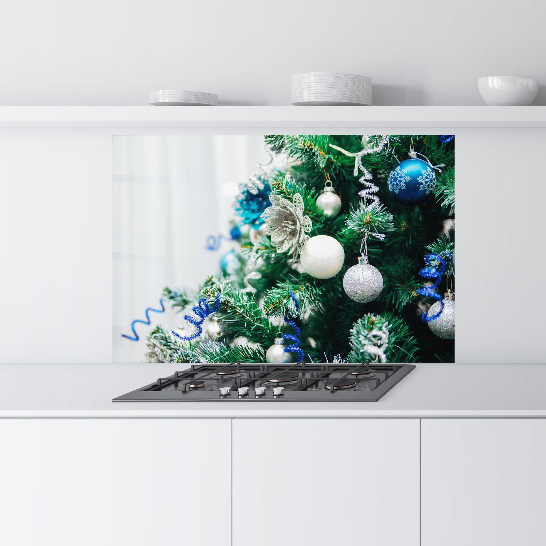 Küchenrückwand Glas Blue Christmas Tree Decor mockup 9
