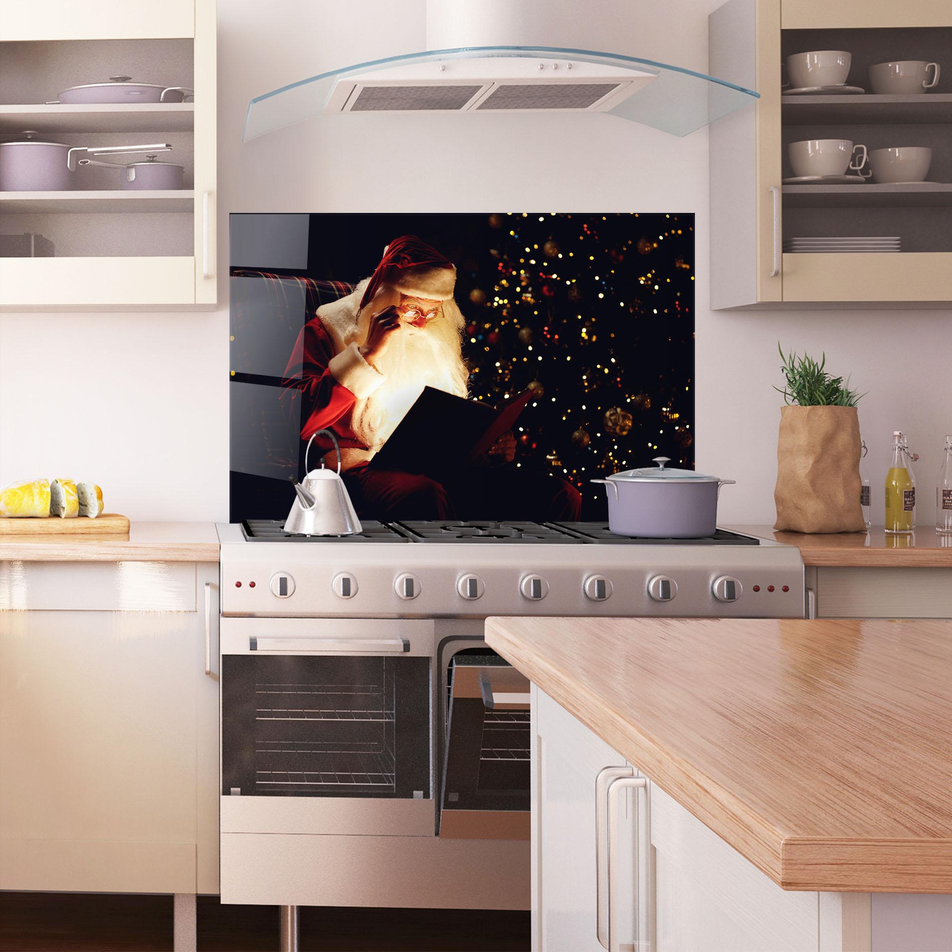 Küchenrückwand Glas Santa Reading Magic Book mockup 1