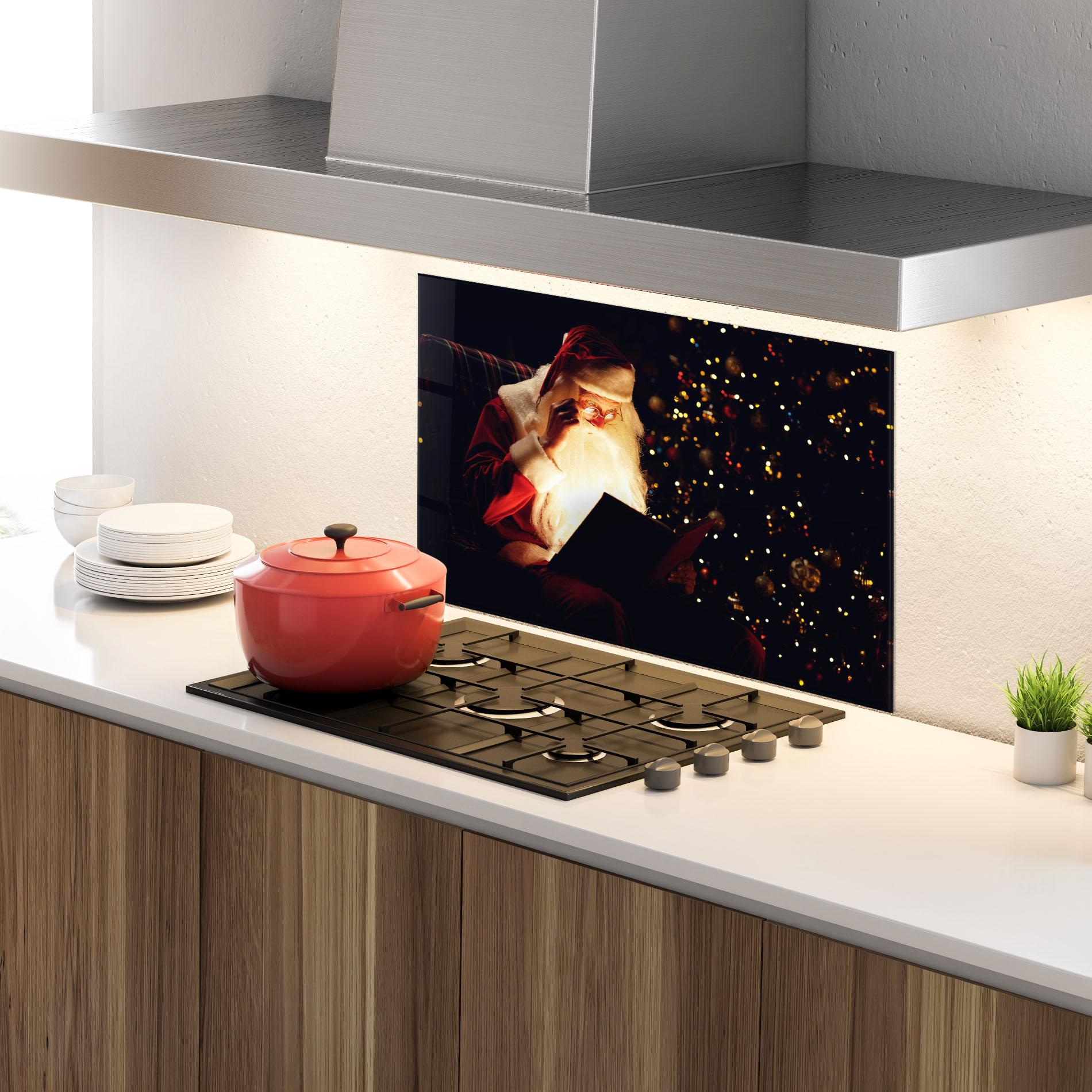 Küchenrückwand Glas Santa Reading Magic Book mockup 4