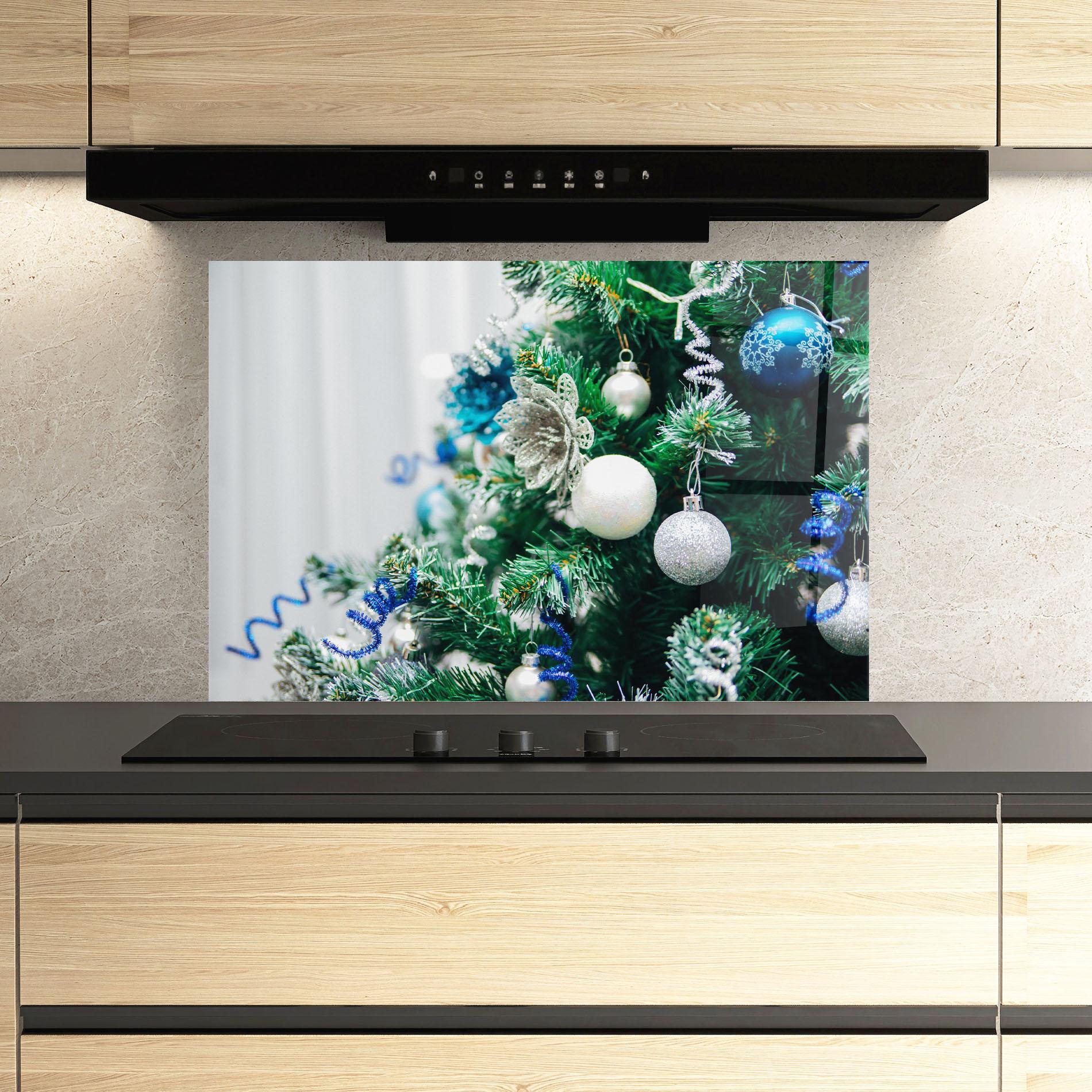 Küchenrückwand Glas Blue Christmas Tree Decor mockup 3
