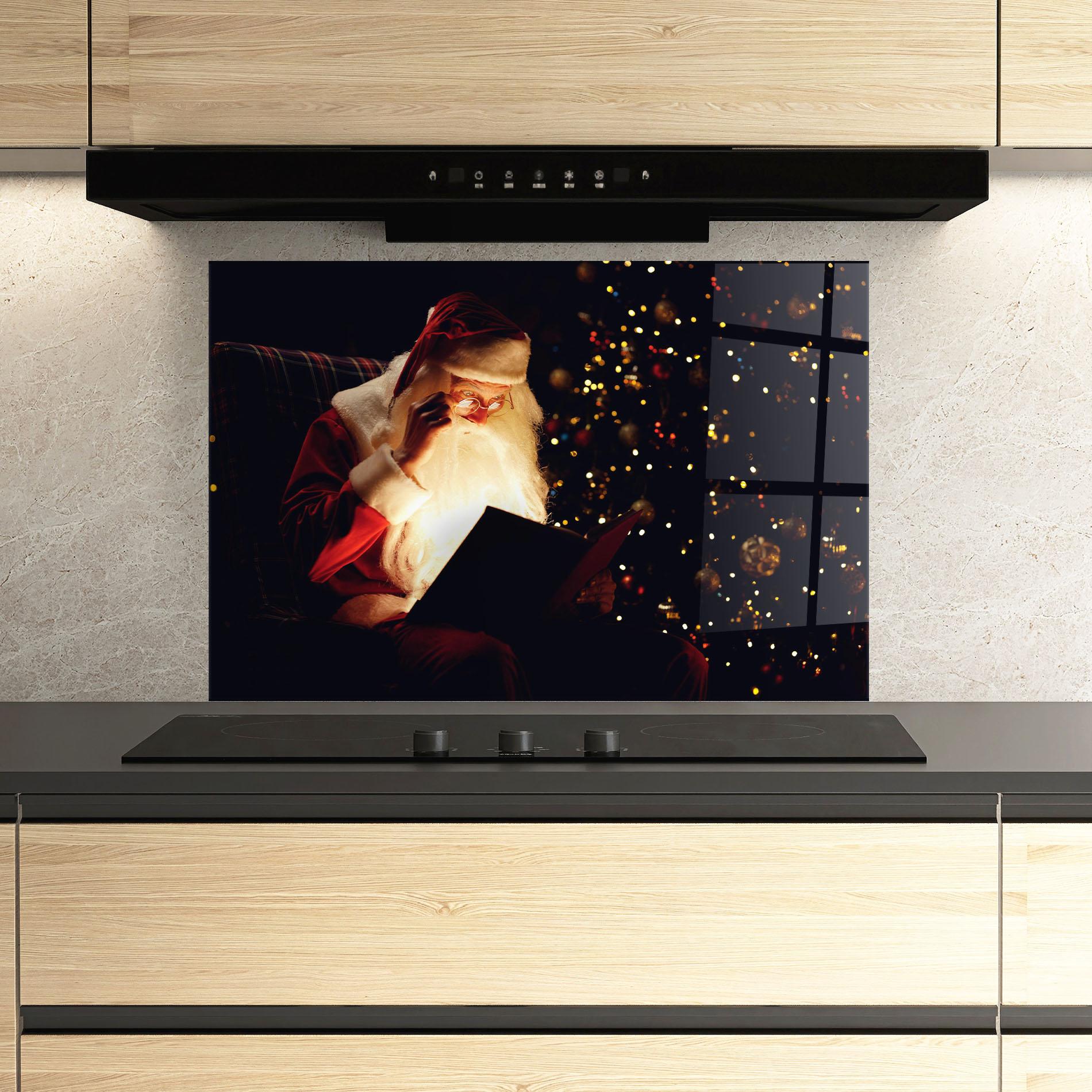 Küchenrückwand Glas Santa Reading Magic Book mockup 3