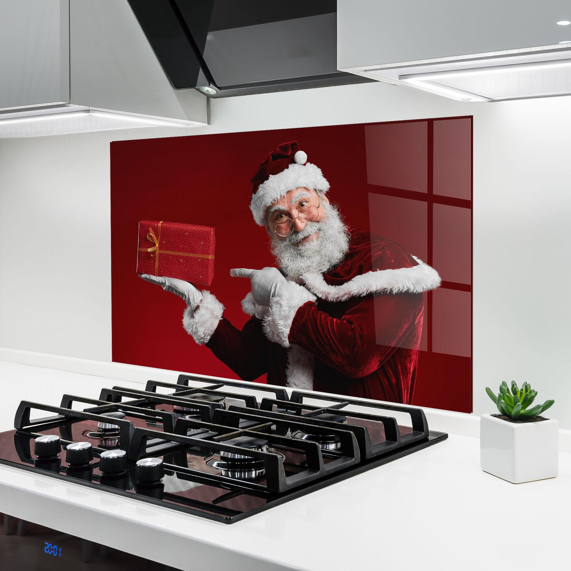 Küchenrückwand Glas Santa Holding Red Present mockup 6