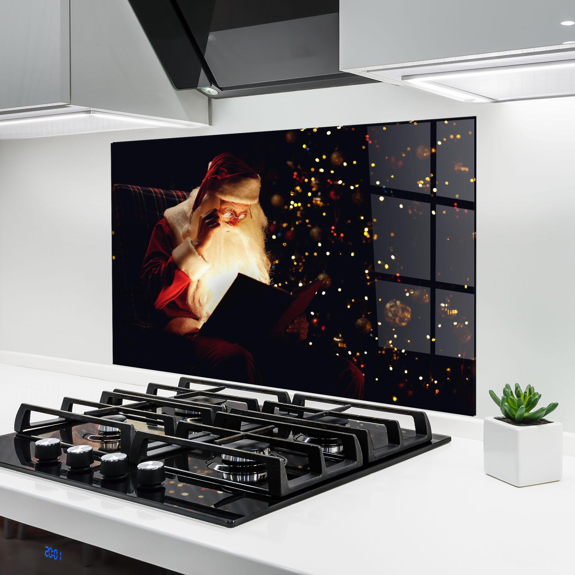 Küchenrückwand Glas Santa Reading Magic Book mockup 6