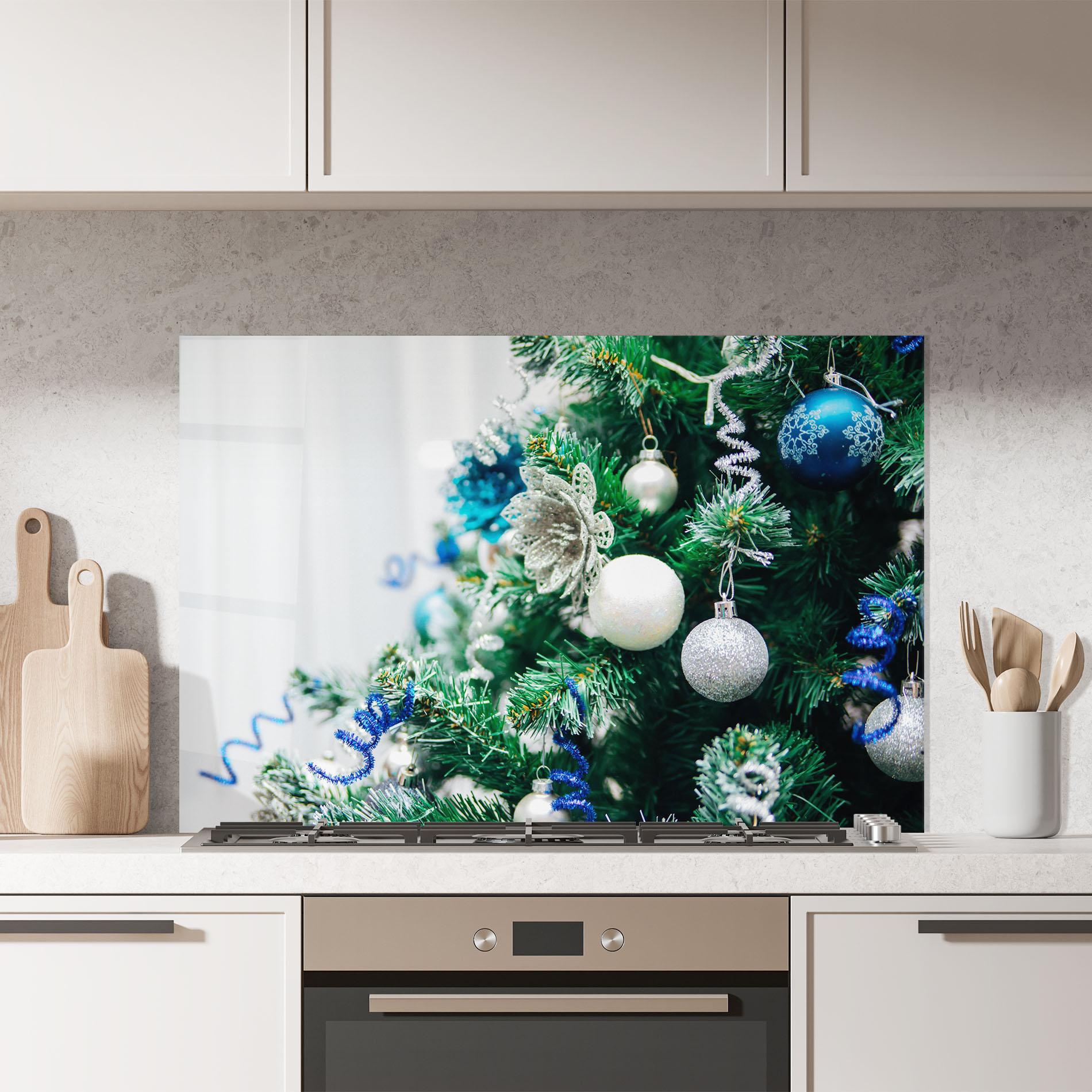 Küchenrückwand Glas Blue Christmas Tree Decor mockup 7