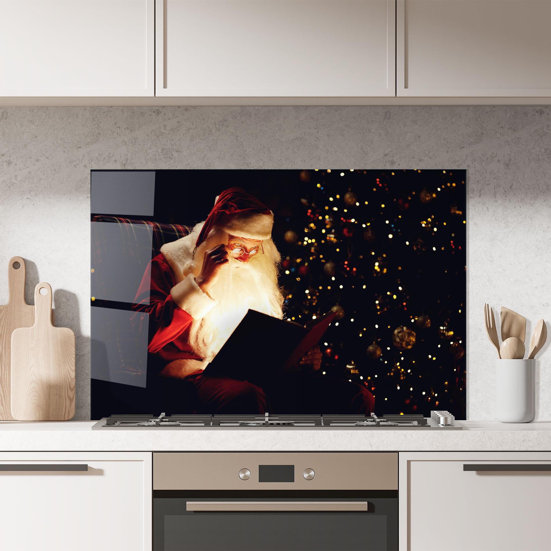 Küchenrückwand Glas Santa Reading Magic Book mockup 7