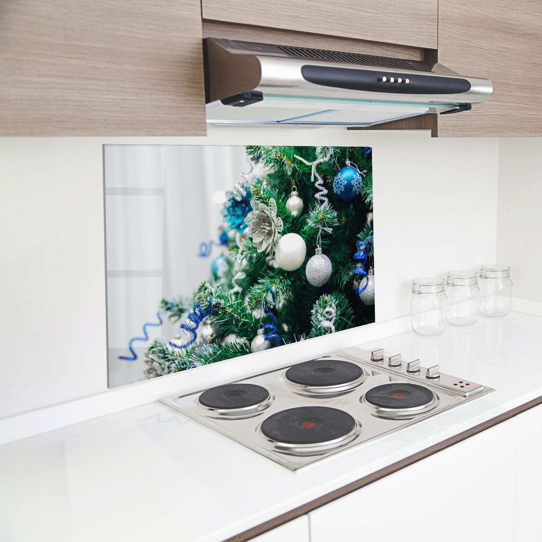 Küchenrückwand Glas Blue Christmas Tree Decor mockup 8