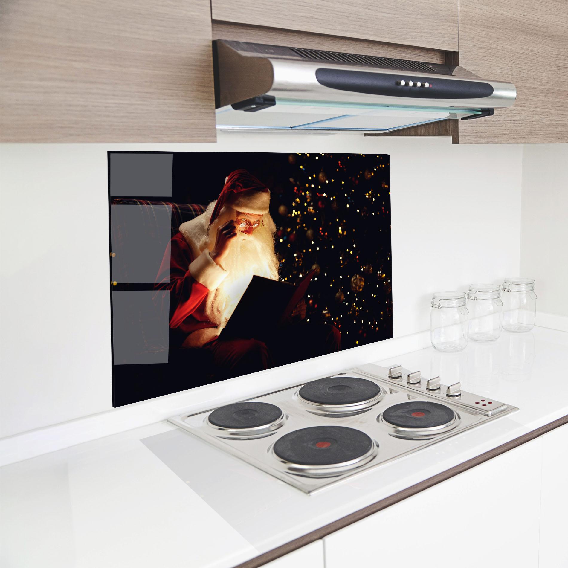 Küchenrückwand Glas Santa Reading Magic Book mockup 8