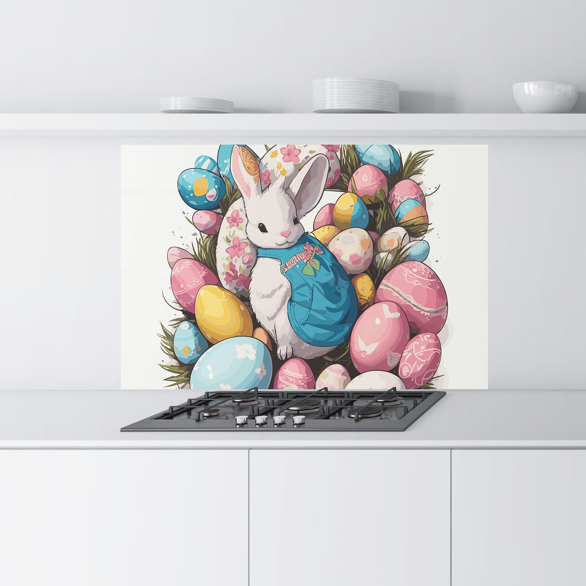 Küchenrückwand Glas Blue Dressed Bunny mockup 9