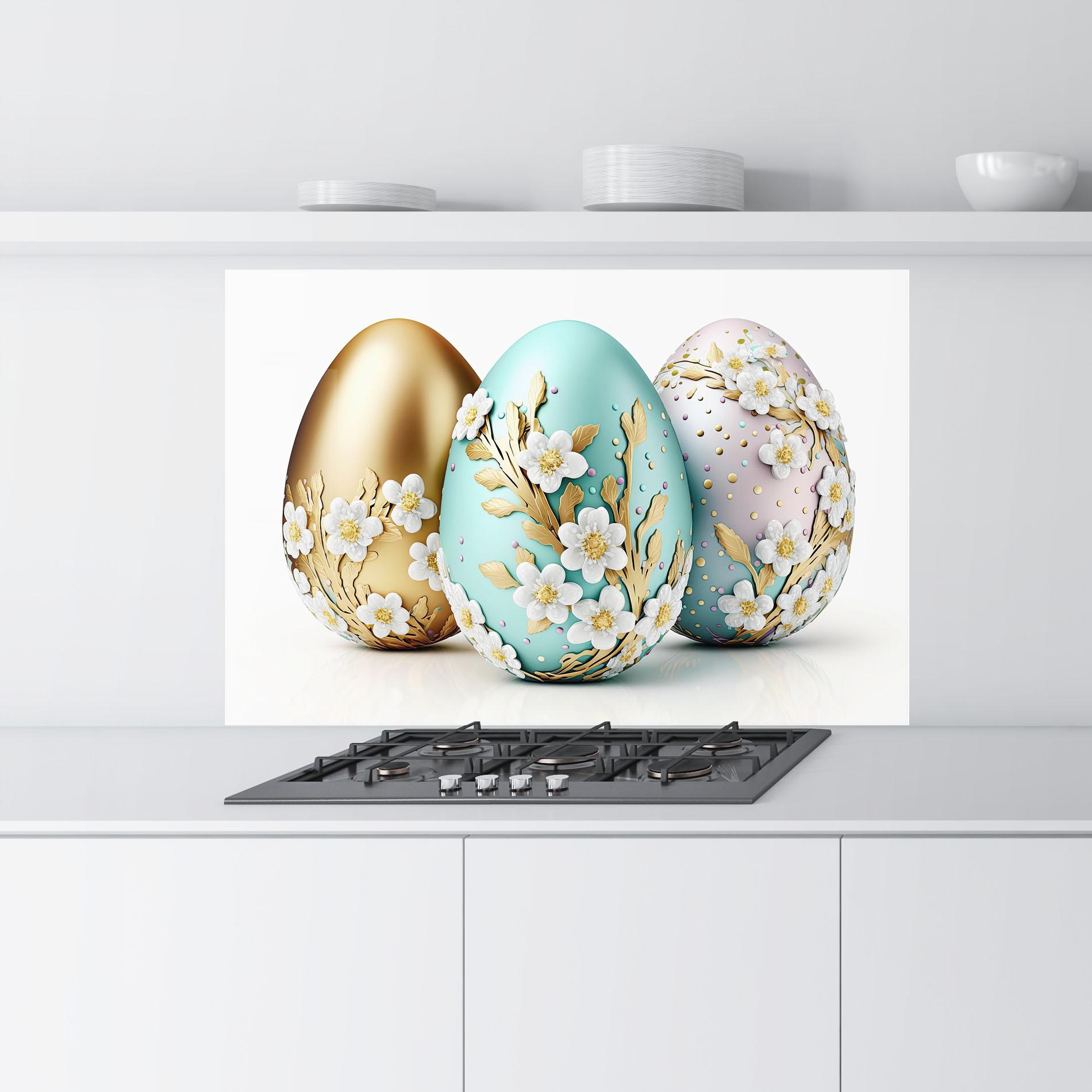 Küchenrückwand Glas Gold Blue Easter Eggs mockup 9