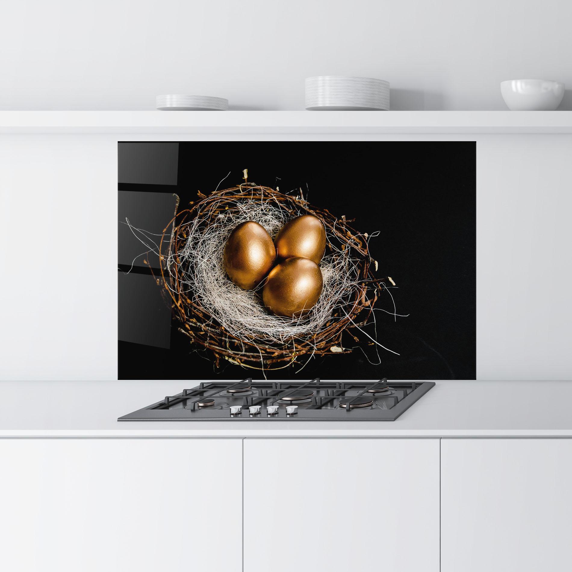 Küchenrückwand Glas Pretty Golden Easter Eggs mockup 9