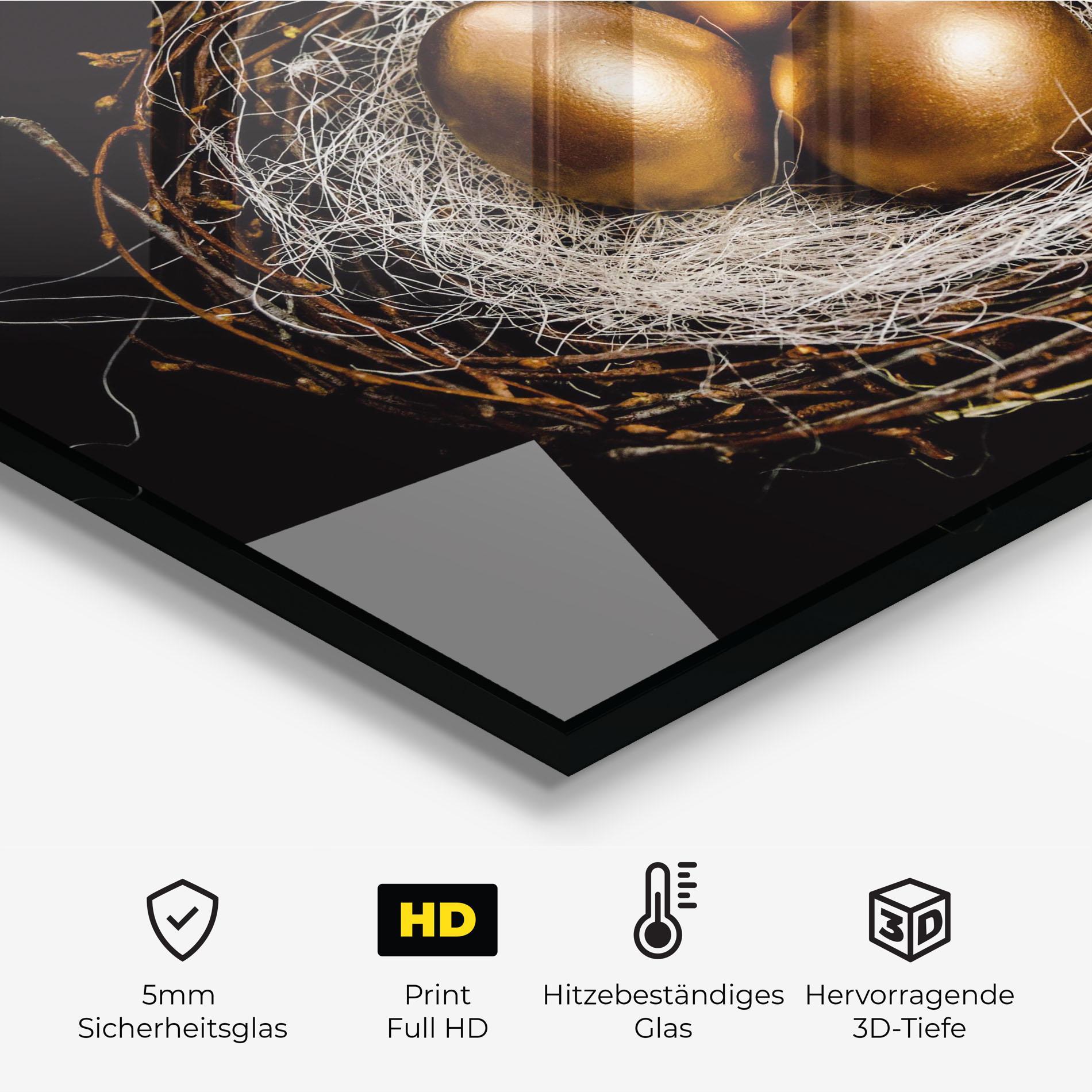 Küchenrückwand Glas Pretty Golden Easter Eggs mockup 2