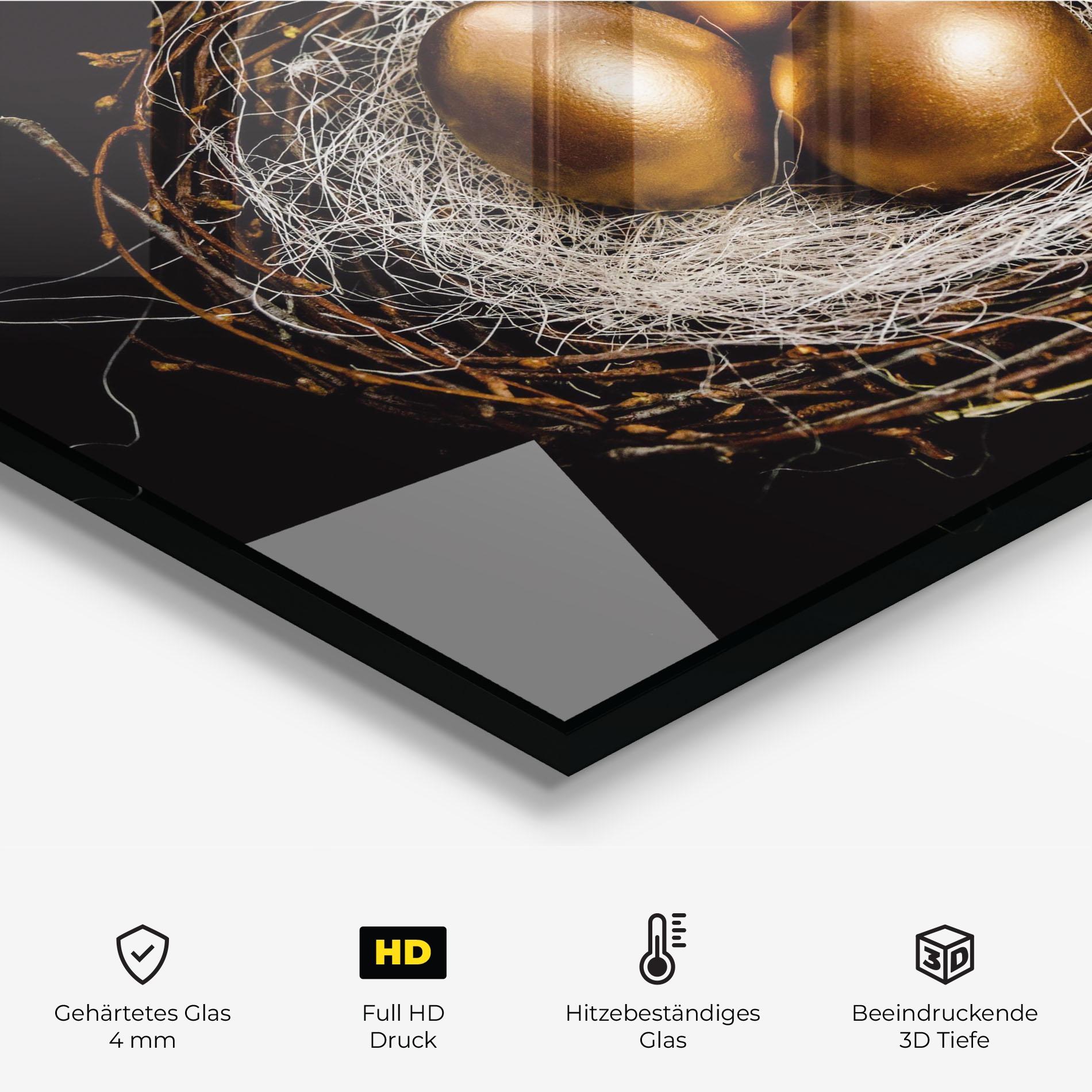 Küchenrückwand Glas Pretty Golden Easter Eggs mockup 2