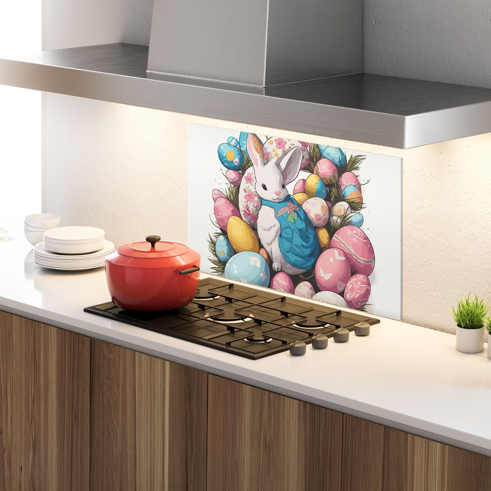 Küchenrückwand Glas Blue Dressed Bunny mockup 4