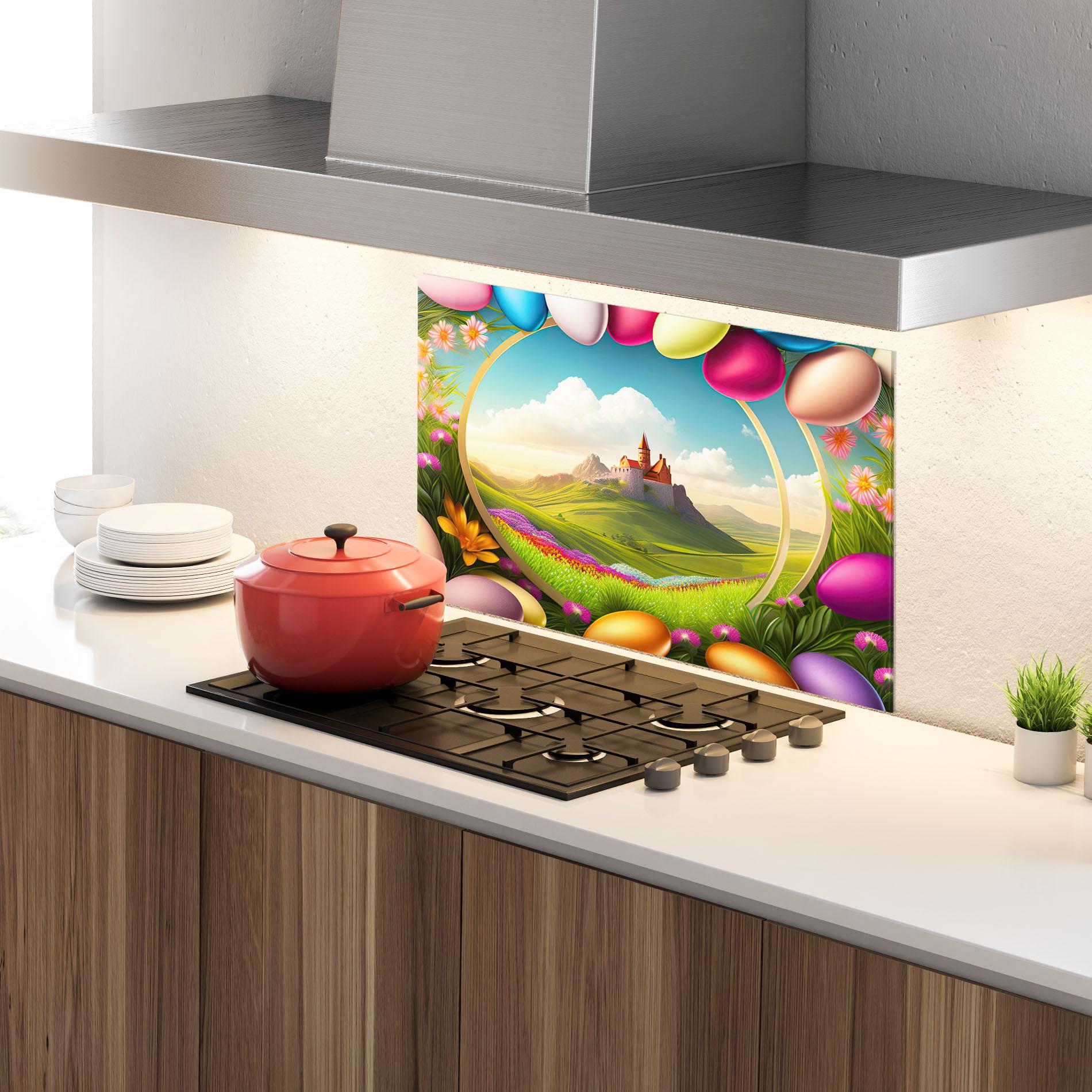 Küchenrückwand Glas Easter Eggs Castle mockup 4