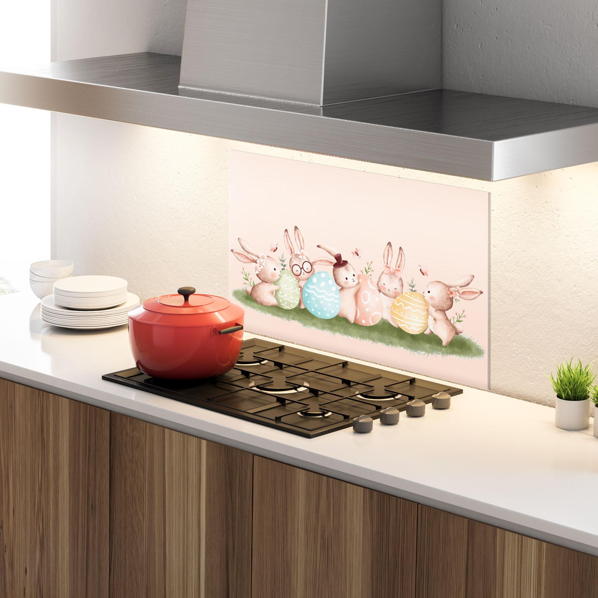 Küchenrückwand Glas Easter Pretty Rabbit mockup 4