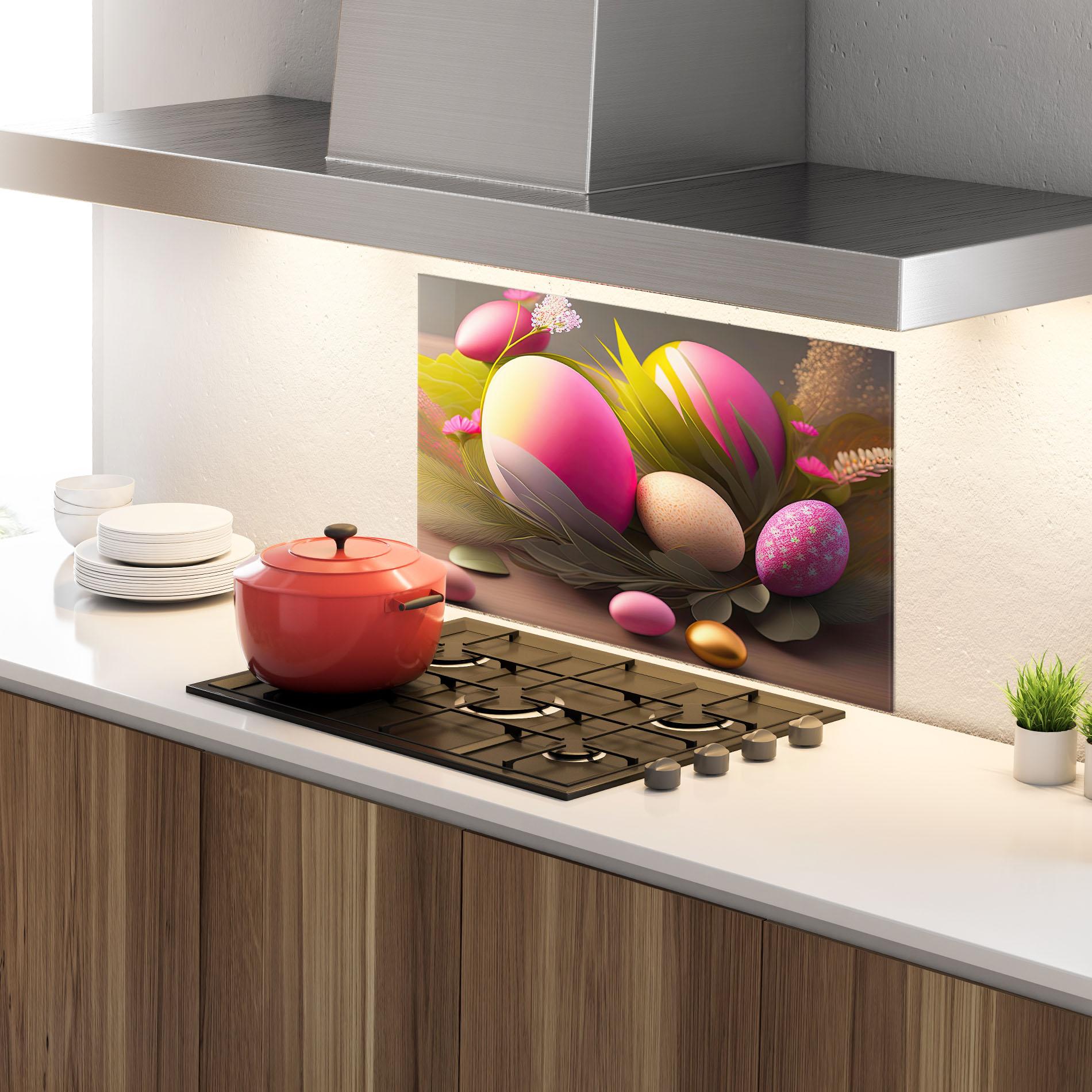 Küchenrückwand Glas Pink Easter Eggs mockup 4