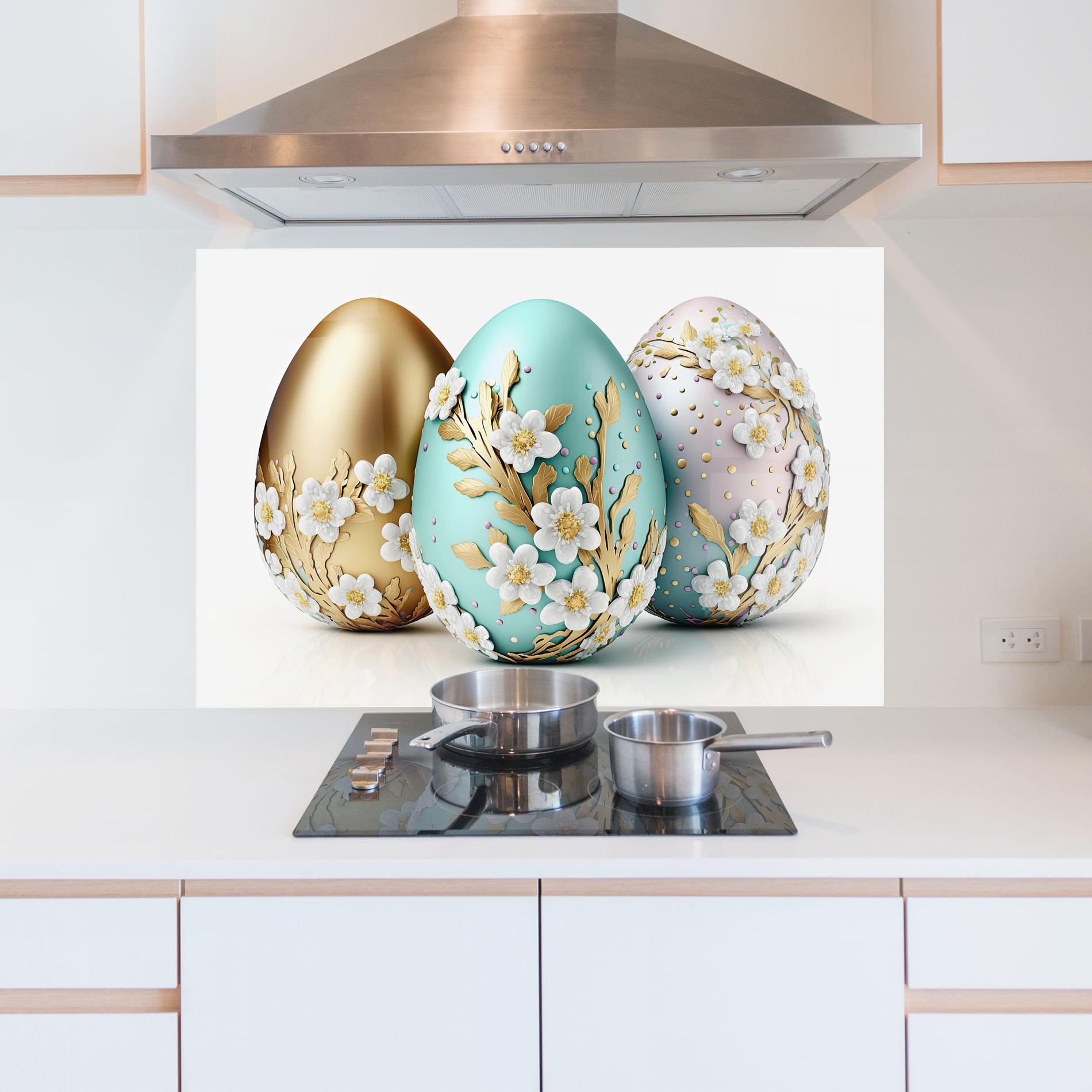 Küchenrückwand Glas Gold Blue Easter Eggs mockup 5