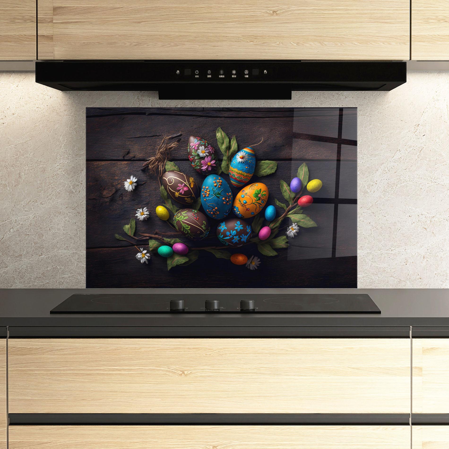 Küchenrückwand Glas Colorful Easter Decarations mockup 3