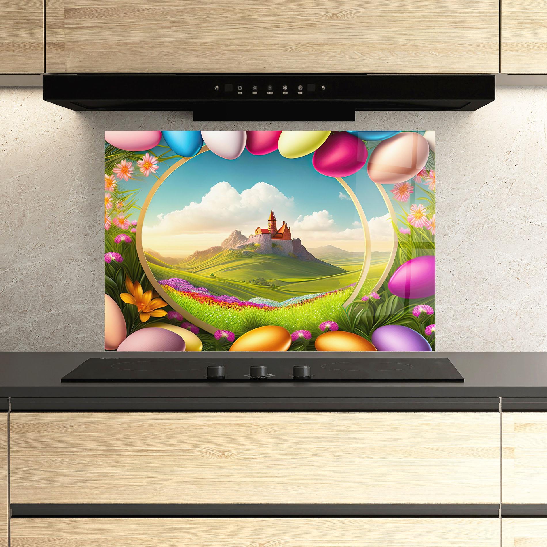 Küchenrückwand Glas Easter Eggs Castle mockup 3