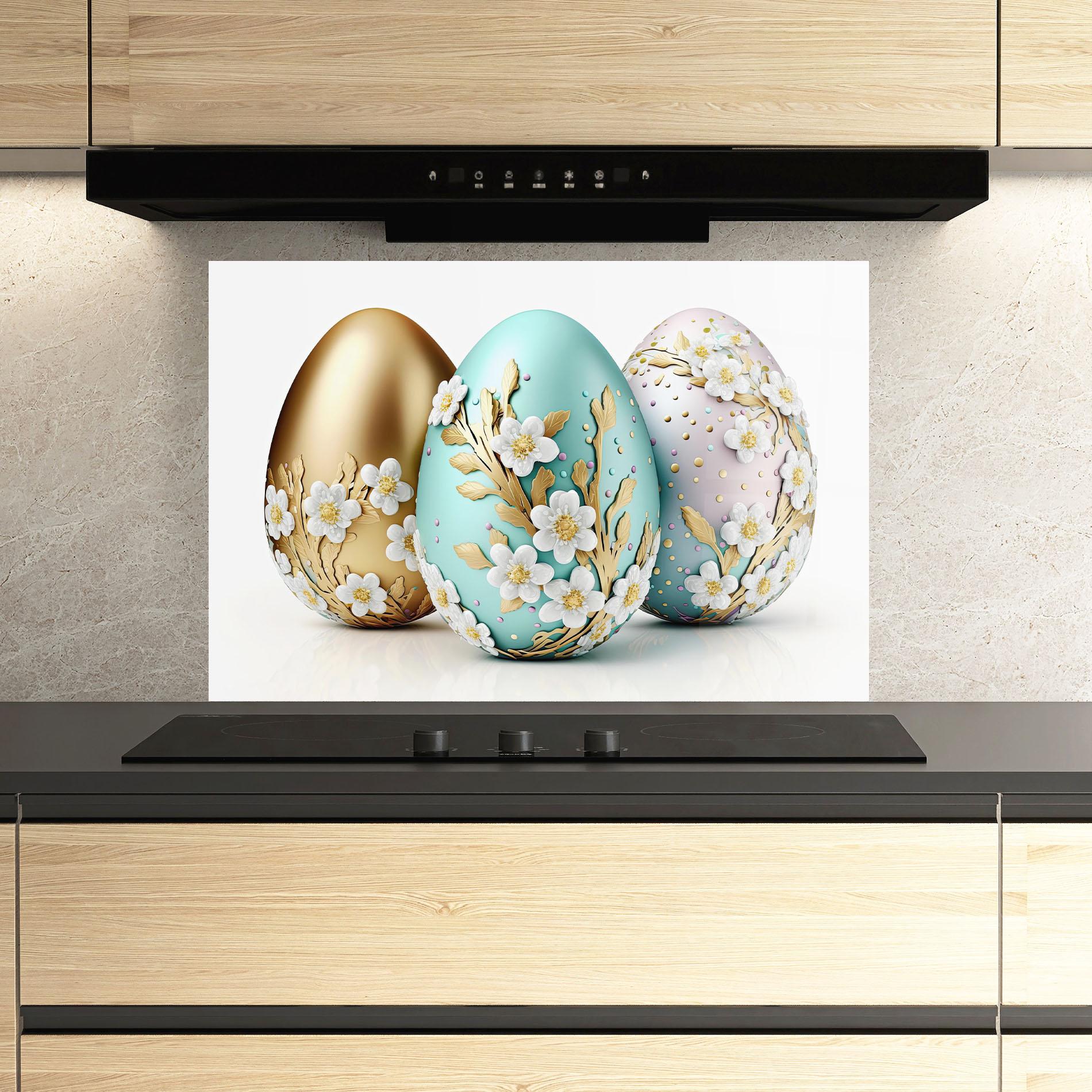 Küchenrückwand Glas Gold Blue Easter Eggs mockup 3