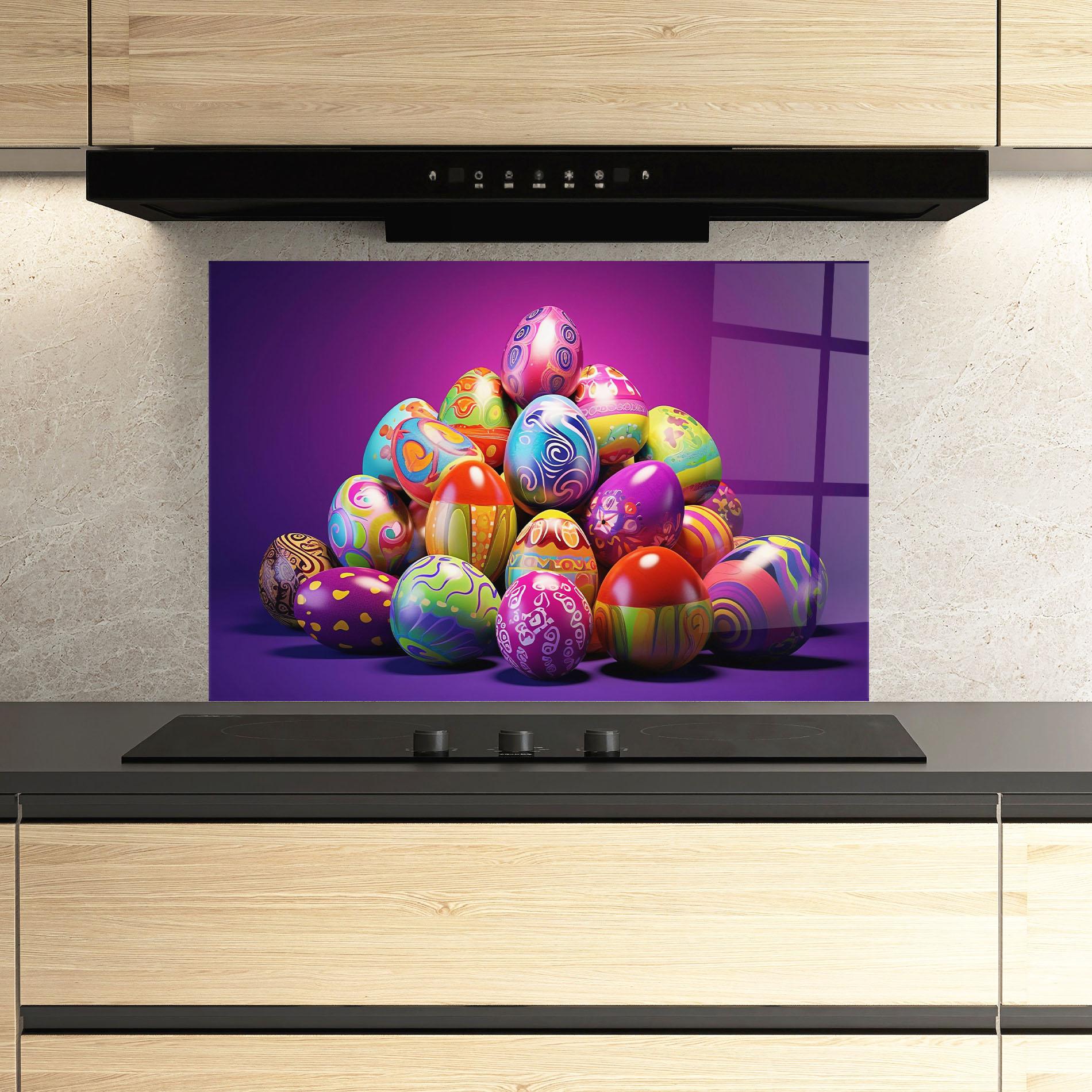 Küchenrückwand Glas Pile Colorful Eggs mockup 3